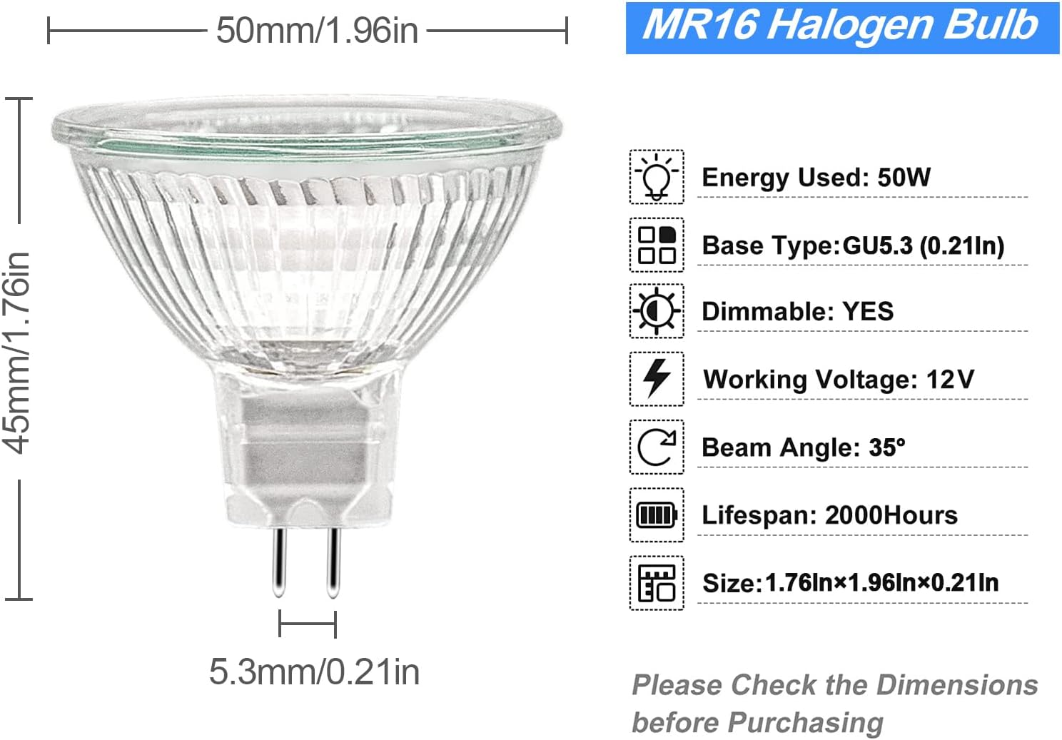 MR16 Halogen Bulb 50W 12V, Durable 6 Packs High Output Halogen Light Bulbs 2 Pin GU5.3 Base for Landscape Lights, Track Lights, Fiber Optics, Desk Lamps, Dimmable, 2700K Warm White image number 3