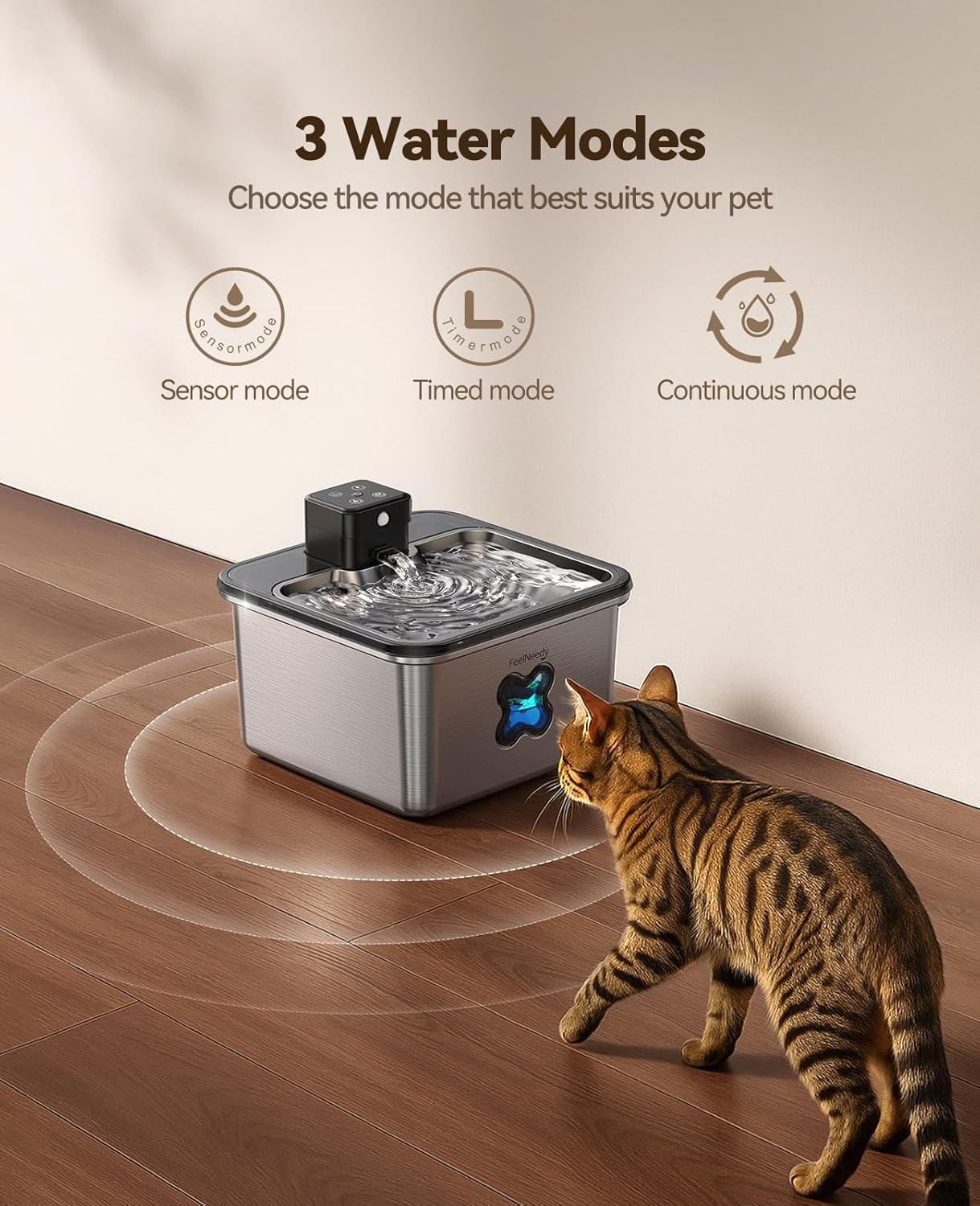 FEELNEEDY Cat & Dog Water Fountain, Stainless Steel, 3.2L/108Oz, Battery Operated, Automatic Pet Water Dispenser, Cordless, Indoor image number 5