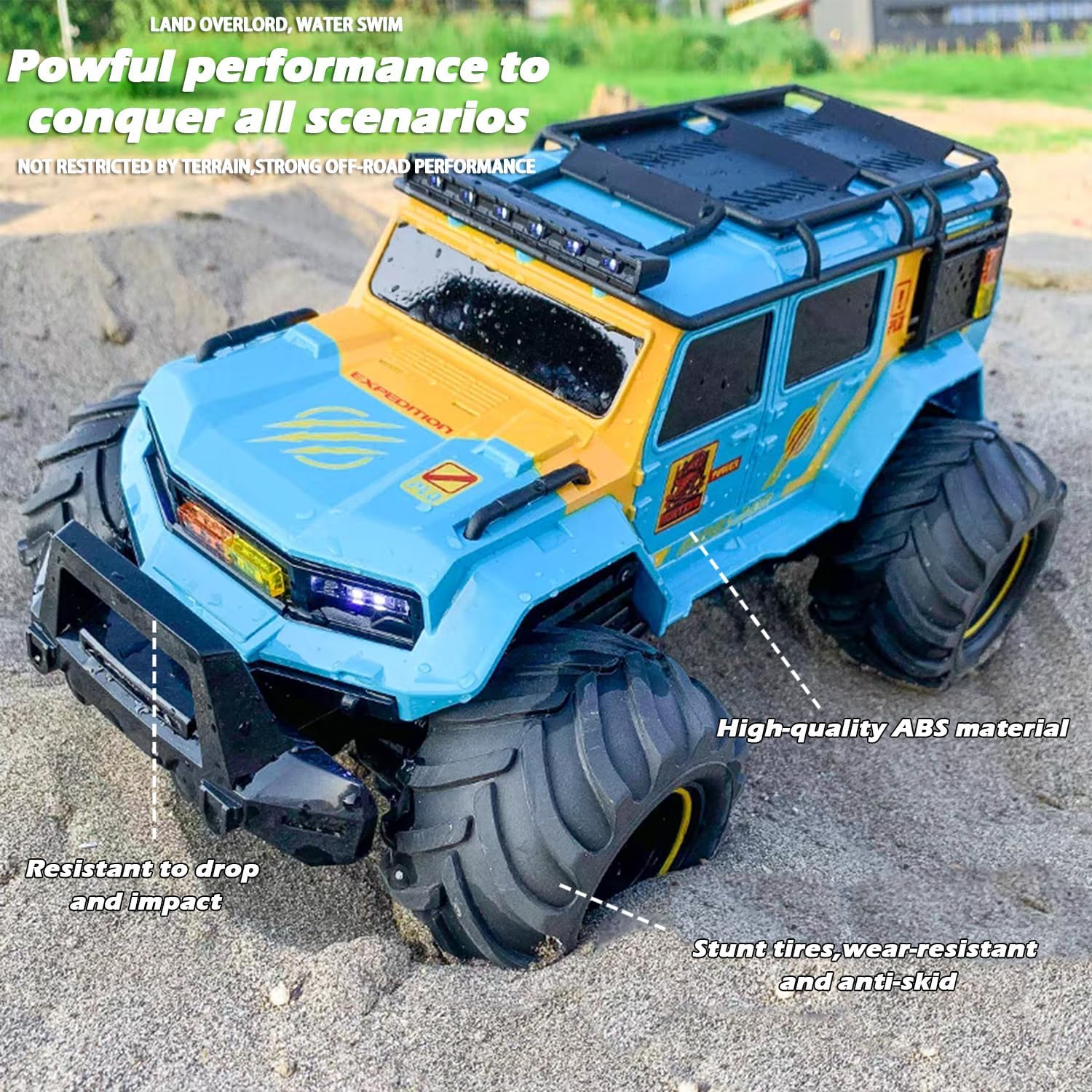 Amphibious Remote Control Car Waterproof Monster RC Cars 4WD All Terrain Off-Road Stunt Vehicle Toys with 2.4 Ghz LED Lights for 6 7 8 9 10 11 12+ Year Old Kids Boys Girls Gifts Presents (Blue) image number 2