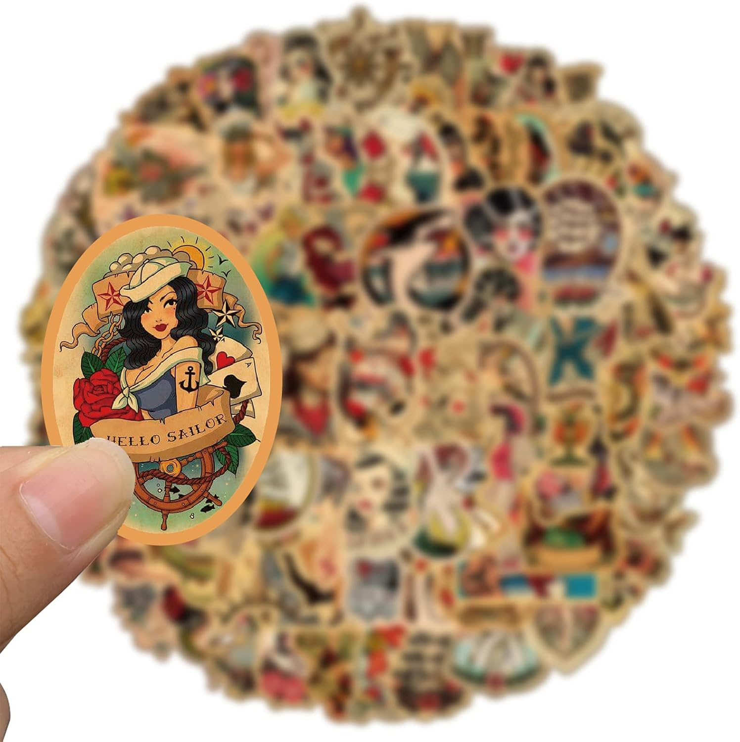 Vintage Stickers, 100Pcs Retro Girl Sailor Jerry Sticker Pack for Adults, Vinyl Waterproof Retro Pinup Girl Deals for Laptop Water Bottle Hydro Flask Car Motorcycle Guitar Phone Luggage Men Decoration