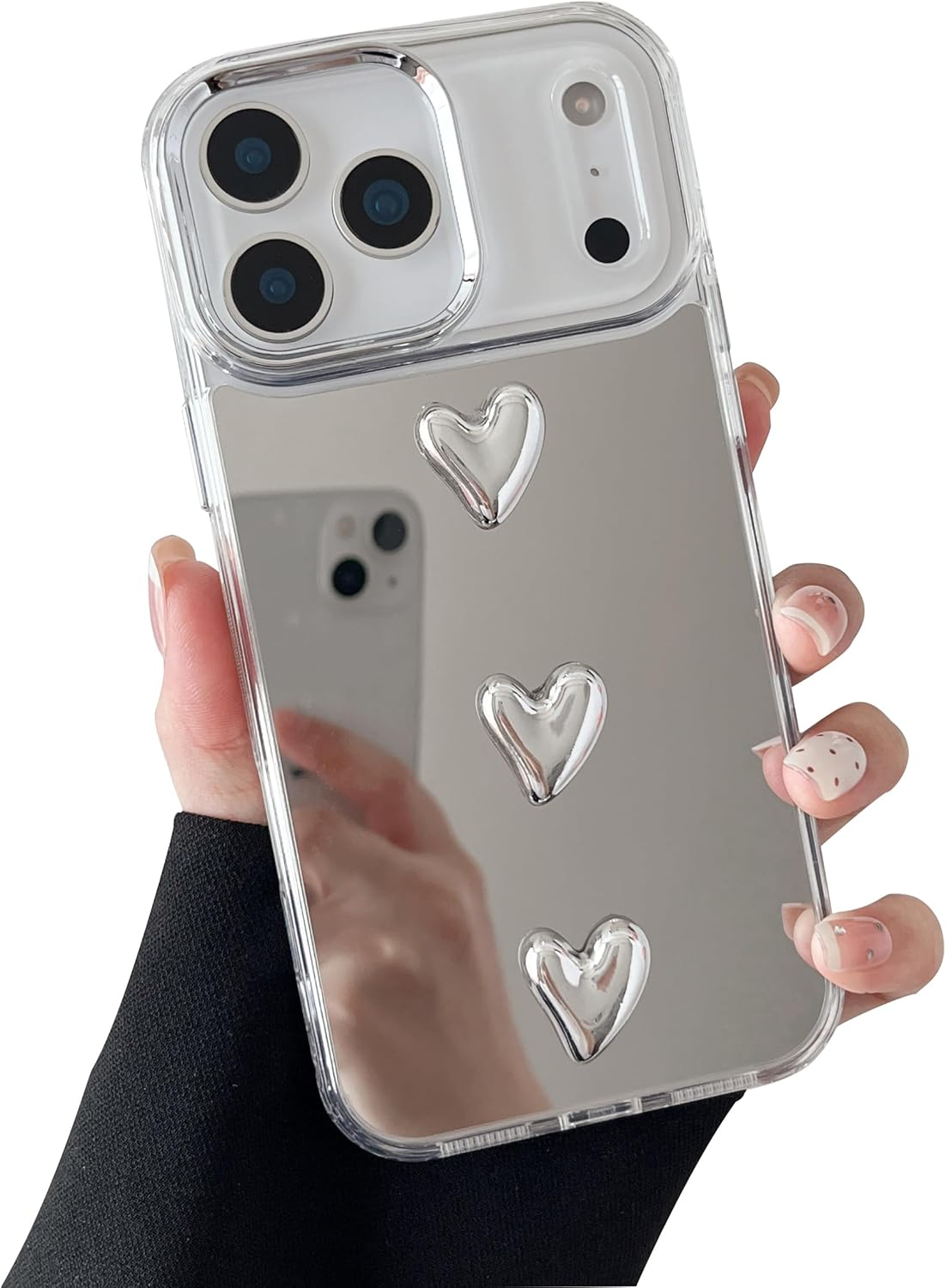 ZTOFERA for Iphone 17 Pro Max Case, Cute Mirror Case with 3D Love Heart for Girls Women Makeup, Flexible Shockproof Anti-Scratch Protective Cover for Iphone 17 Pro Max - Sliver 5 Hearts
