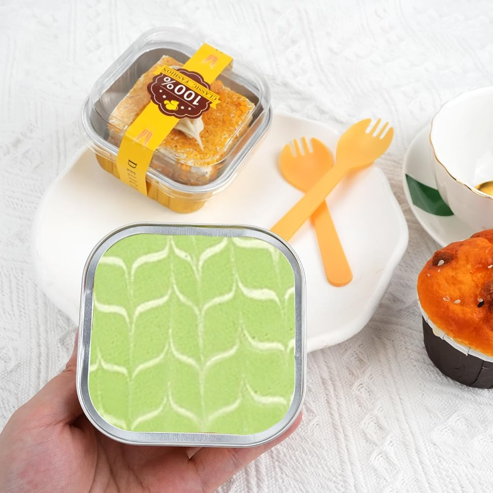 RETON 100 Pcs Mini Square Cake Pans with Lids and Sporks Stickers, 5Oz Aluminum Foil Ramekins Baking Cups, Individual Cupcake Containers for Brownies Dessert Party Wedding Birthday (Gold) image number 6