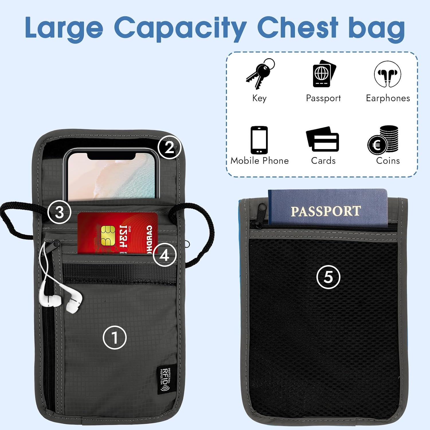 Neck Pouch with RFID Protection, Anti-Theft Unisex Travel Purse, Waterproof Black Mobile Phone Shoulder Bag Men, Neck Pouch Boys for Passport, Credit Cards, Smartphone, Coins, Money, Gray, Anti-Theft image number 3