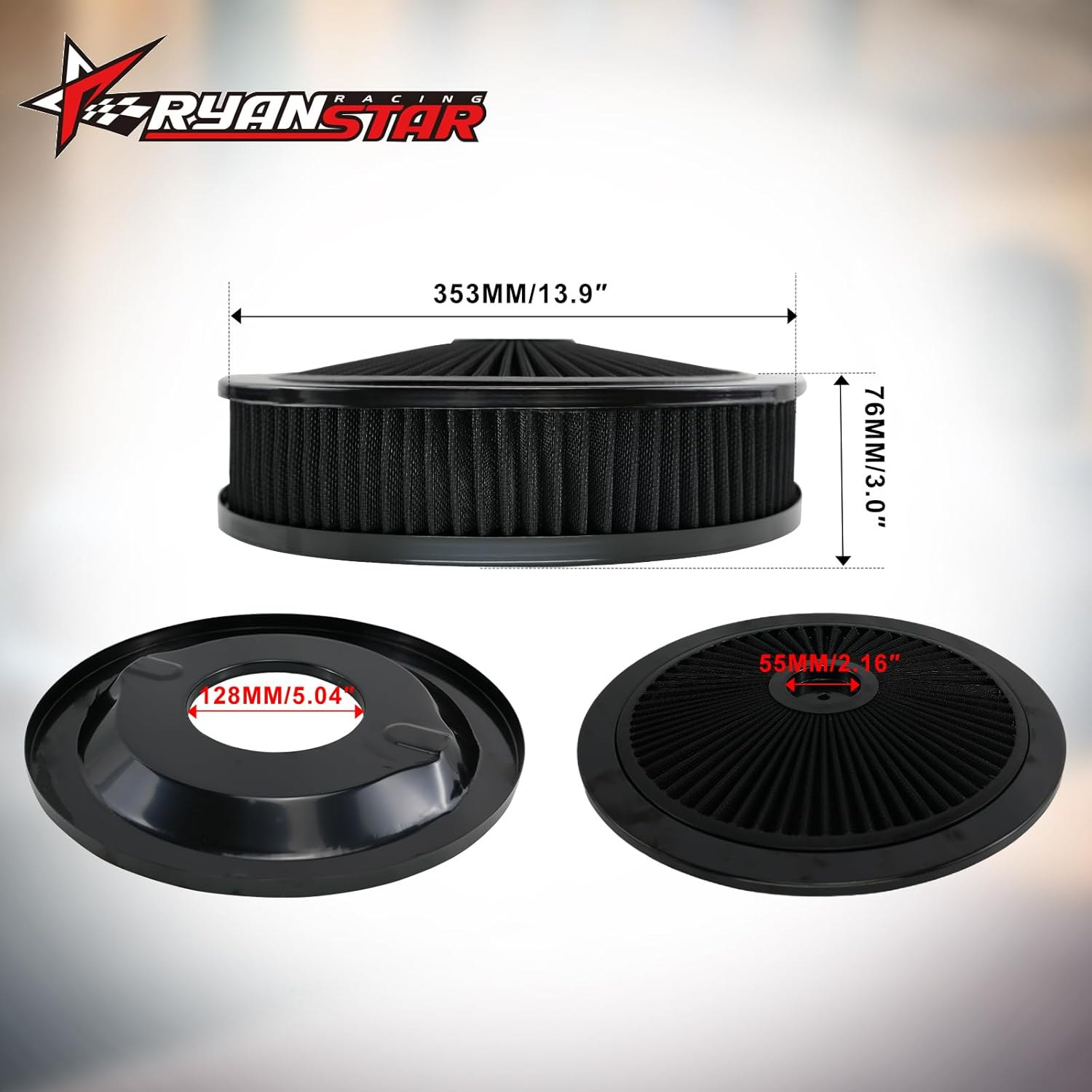 RYANSTAR RACING 14" X 3" round Air Cleaner Filter Assembly Kit Includes Flow-Thru Lid Washable Air Filter Element Compatible with Chevy Ford GMC Black
