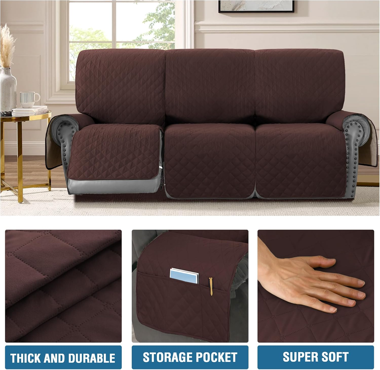 Smarcute 100% Waterproof Recliner Cover 1-Piece Recliner Sofa Cover for 3 Cushion Couch Furniture Protector Cover with Non Slip Backing and Strap for Kids, Dogs, Pets(3 Seater, Chocolate) image number 2