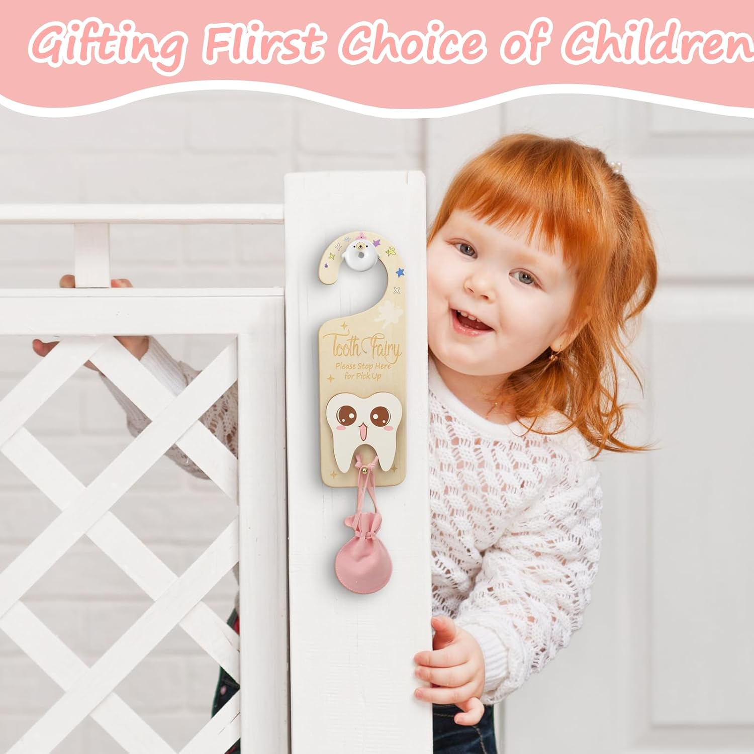 2 PCS Tooth Fairy Tooth Holder, Room Decor Tooth Fairy Door Hanger with Money Slot, Keepsake Bag & Elegant Patterns for Lost Teeth, Encourage Gift for Boys & Girls Milk Teeth image number 3