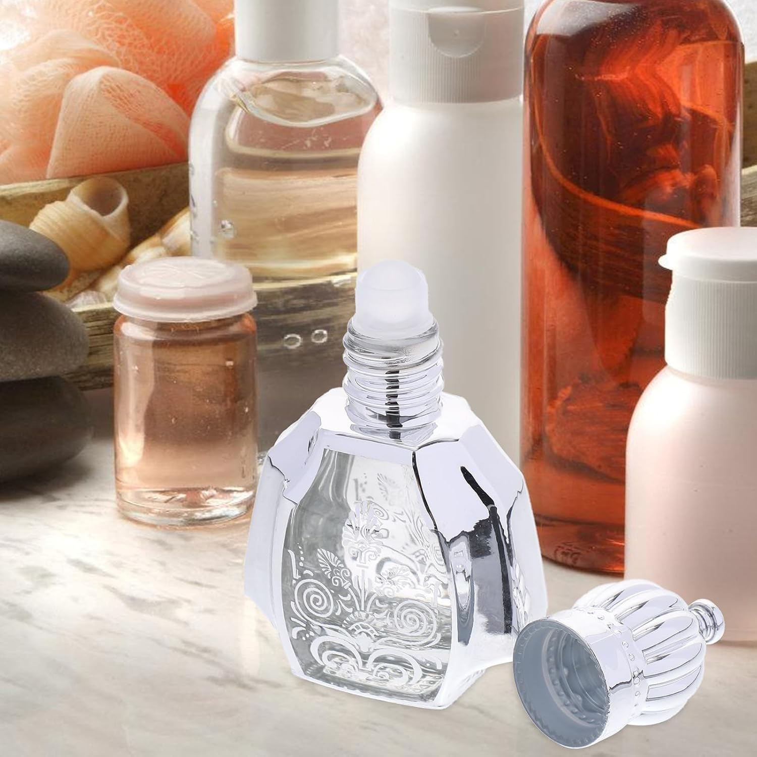 Baluue 2Pcs 10Ml Glass Roll on Perfume Bottles Portable Multi-Function Aroma Bottles with Silver Cap Refillable Empty Roller for Household and Travel Use image number 5