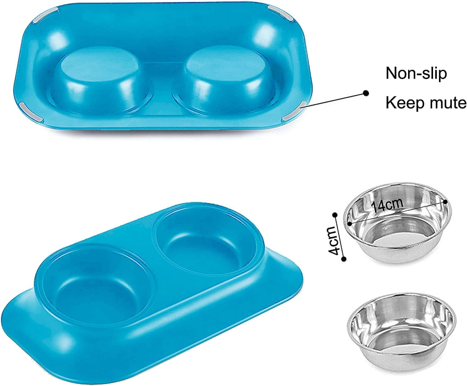 Raised Cat Bowl Pet Bowl,Stainless Steel Elevated Small Dog Bowls,15&deg;Tilted Whisker Reliefs Fatigue Free Stress anti Vomiting Cat Food Water Bowls,Non Slip Cat Feeding Bowls (Double Bowl/Blue) - Blue image number 3