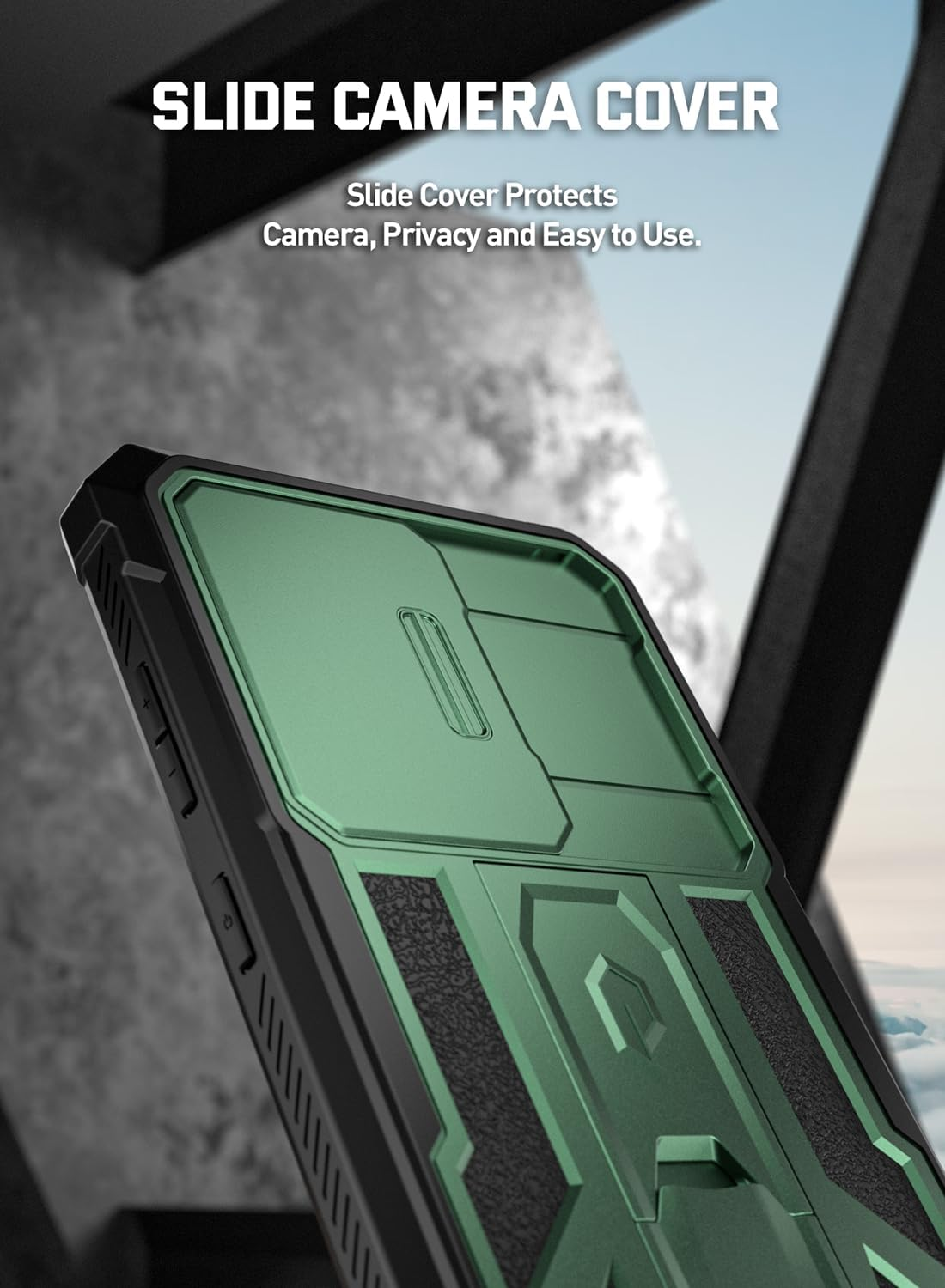 Poetic Spartan Case for Galaxy S24 6.2", [Slide Camera Cover] [Screen Protector Works with Fingerprint ID] Military Grade Rugged Shockproof S24 Phone Case with Kickstand, Metallic Green