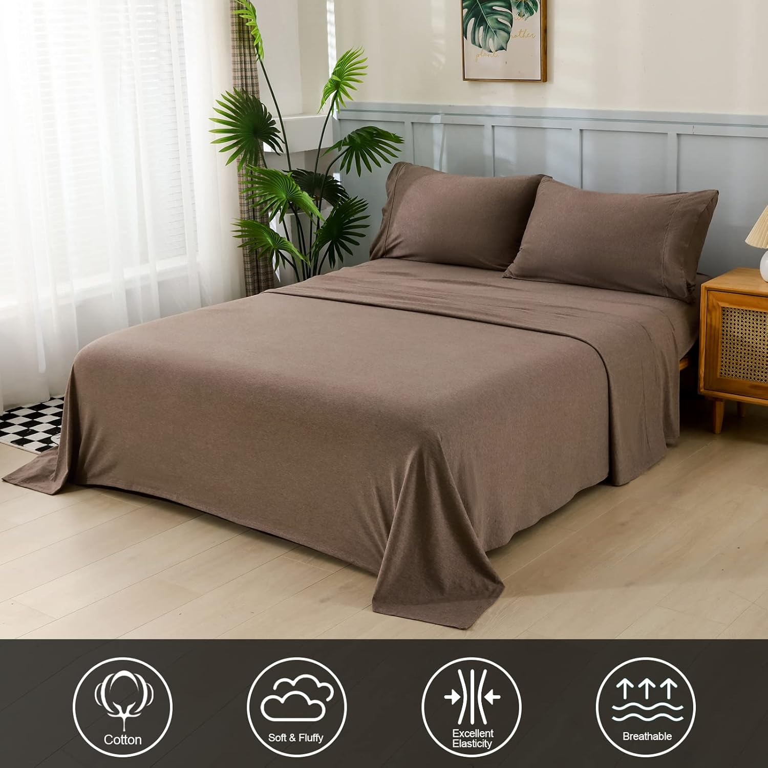 Jersey Cotton Queen Bed Sheets Breathable Ultra Soft Cotton Jersey Sheets Queen Comfy All Season 4Pcs Stretchy Knit T Shirt Fitted Jersey Sheet Set Queen Bed (Coffee Marle, Queen) image number 5