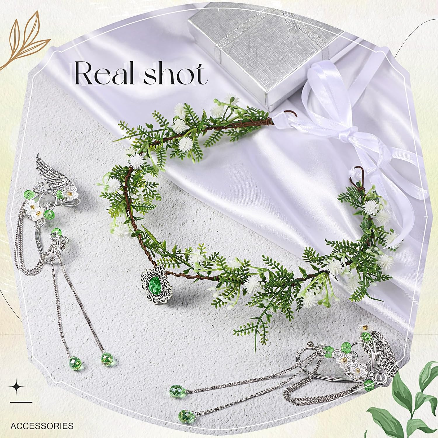 Zeyune Halloween Elves Cosplay Set Fairy Flower Crown Headpiece Elf Ears Cuffs Renaissance Costume Leaf Elves Wings Ear Cuff image number 1