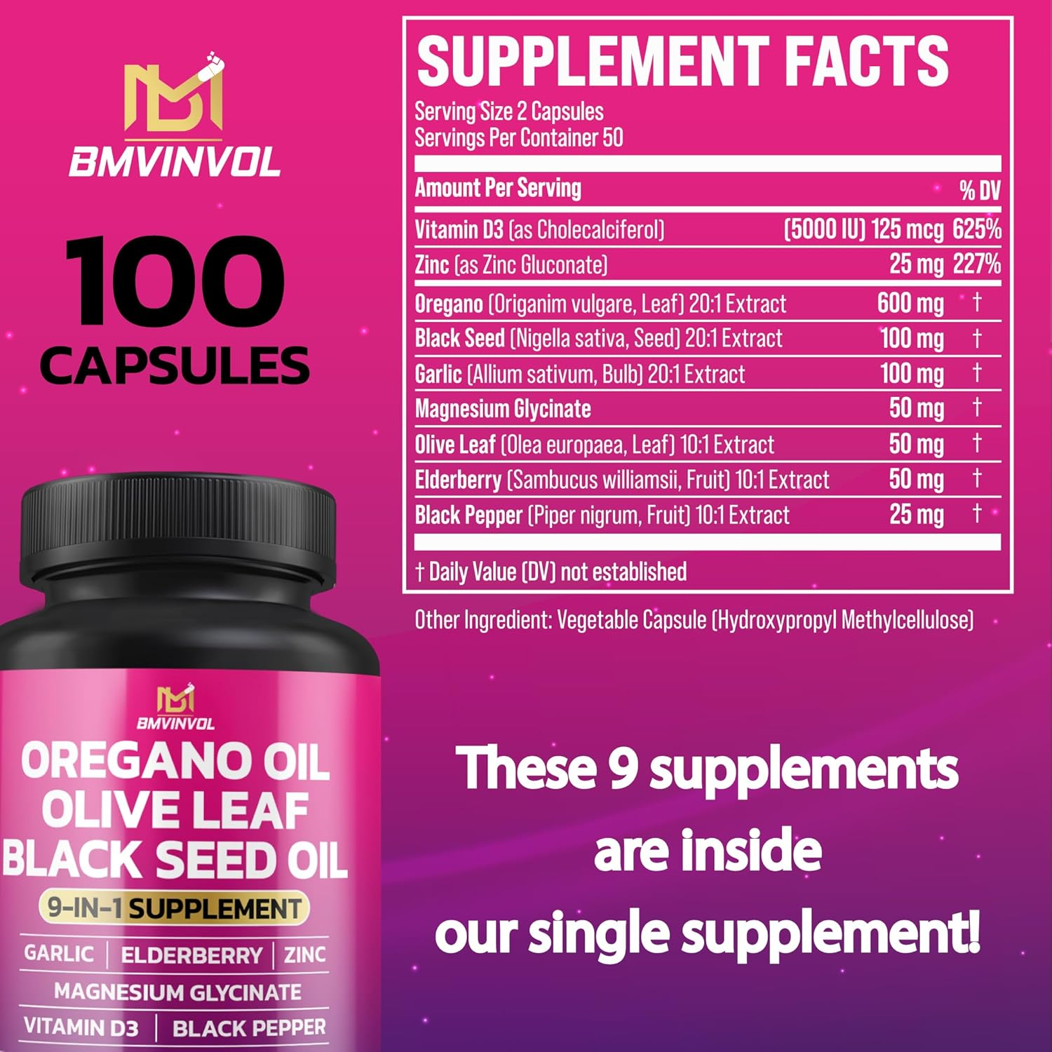 BMVINVOL Oregano 12000Mg Garlic 2000Mg Olive Leaf 500Mg Black Seed 2000Mg + 5 More - Immune Support & Digestive Health Supplement for Women and Men - 100 Capsules image number 1