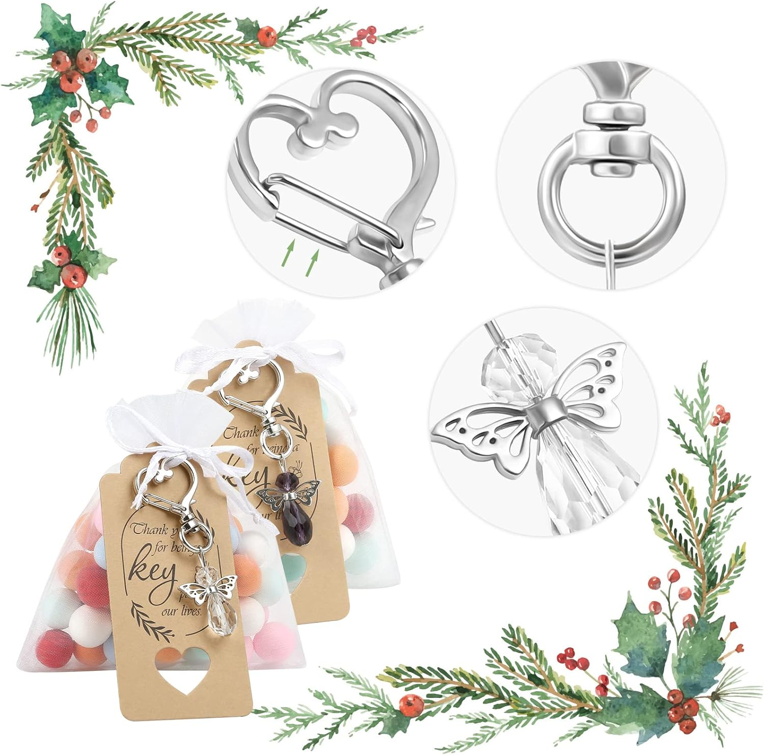 GWHOLE 20 Sets Angel Keychain with Organza Bags & Thank You Tags Baby Shower Return Gifts for Guests Baptism Favors Angel Wings Pendant for Baby Shower, Bridal Shower, Wedding - Purple & Clear image number 2