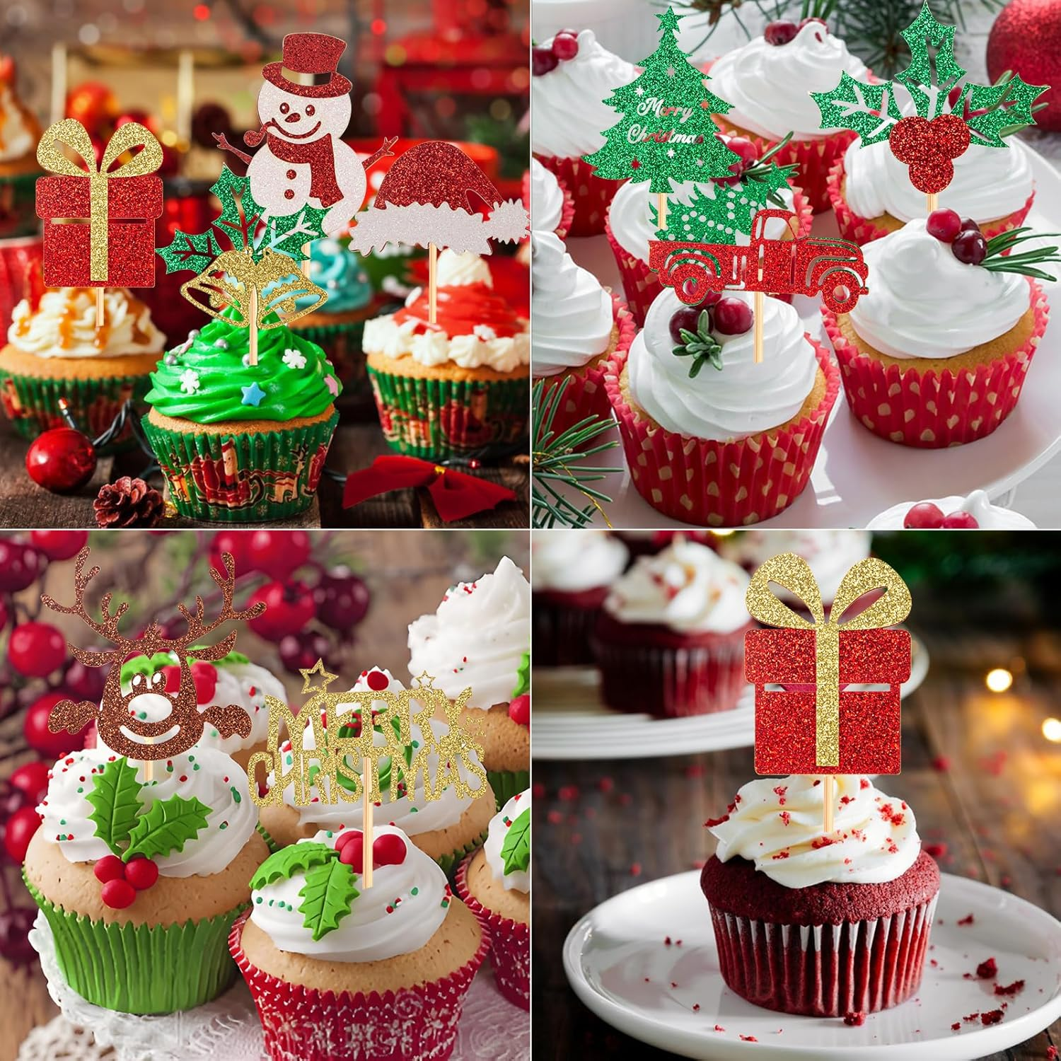 60Pcs Merry Christmas Cupcake Toppers, Glitter Christmas Eve Xmas Cupcake Picks Christmas Tree Cupcake Toppers for Christmas Theme New Year Holiday Party Cake Decorations,Mix Style image number 3