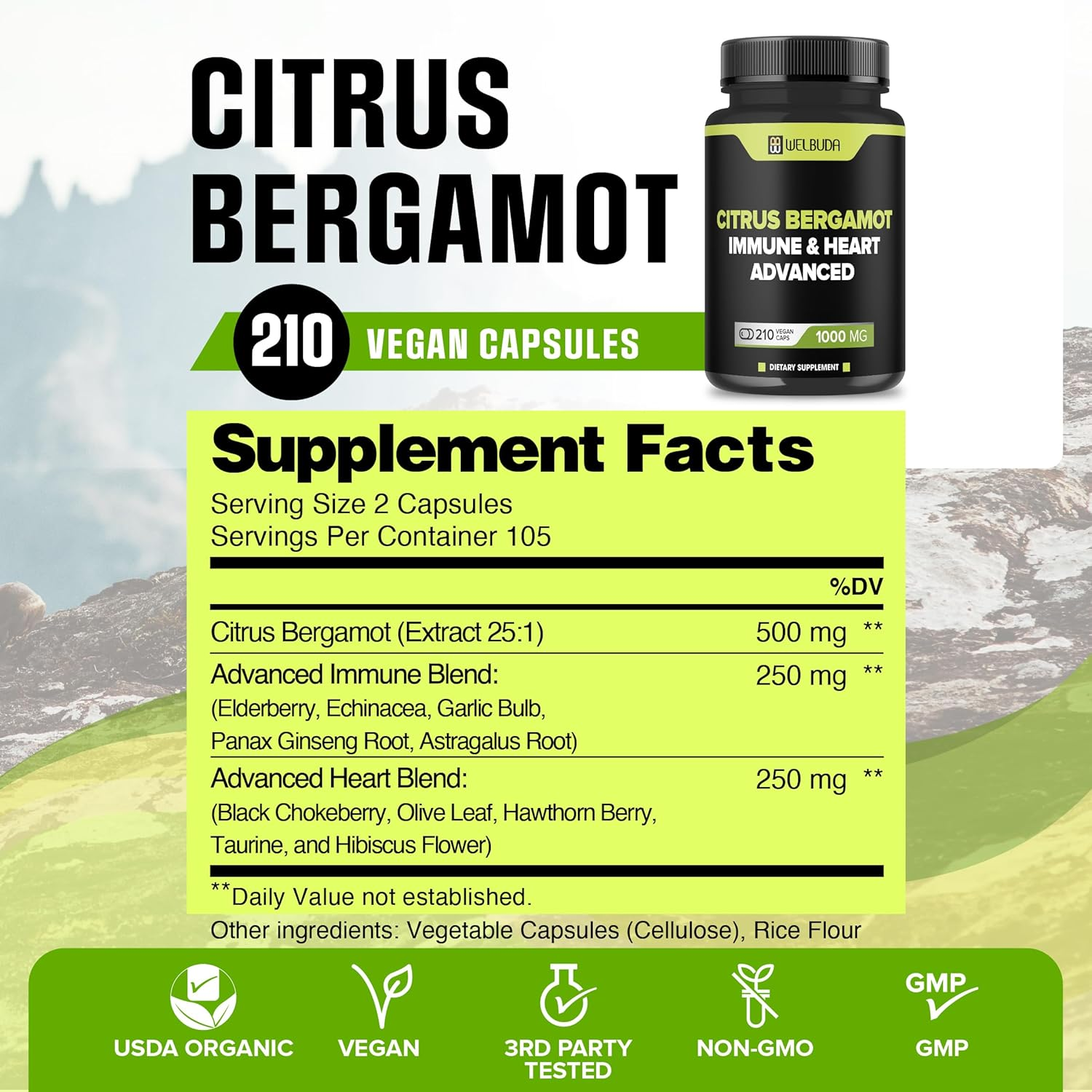 Citrus Bergamot Capsules with Advanced Immune Blend Elderberry, Echinacea, Garlic Bulb, Olive Leaf, Astragalus & Heart Blend Black Chokeberry, Olive Leaf, Hawthorn, Garlic and Hibiscus - 210 Pills image number 6