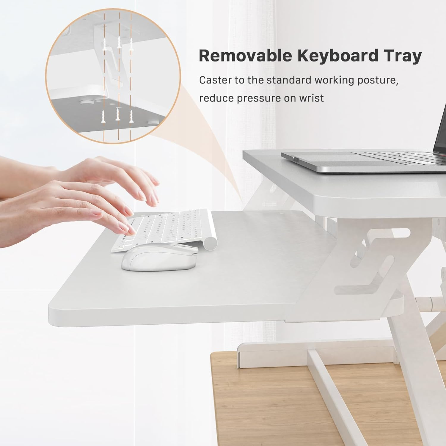 Standing Desk Converter, 40/80Cm Wide Height Adjustable Quick Sit Stand Computer Desk Converter with Keyboard Tray,For Home Office Workstation (White Frame + White Desktop) image number 5