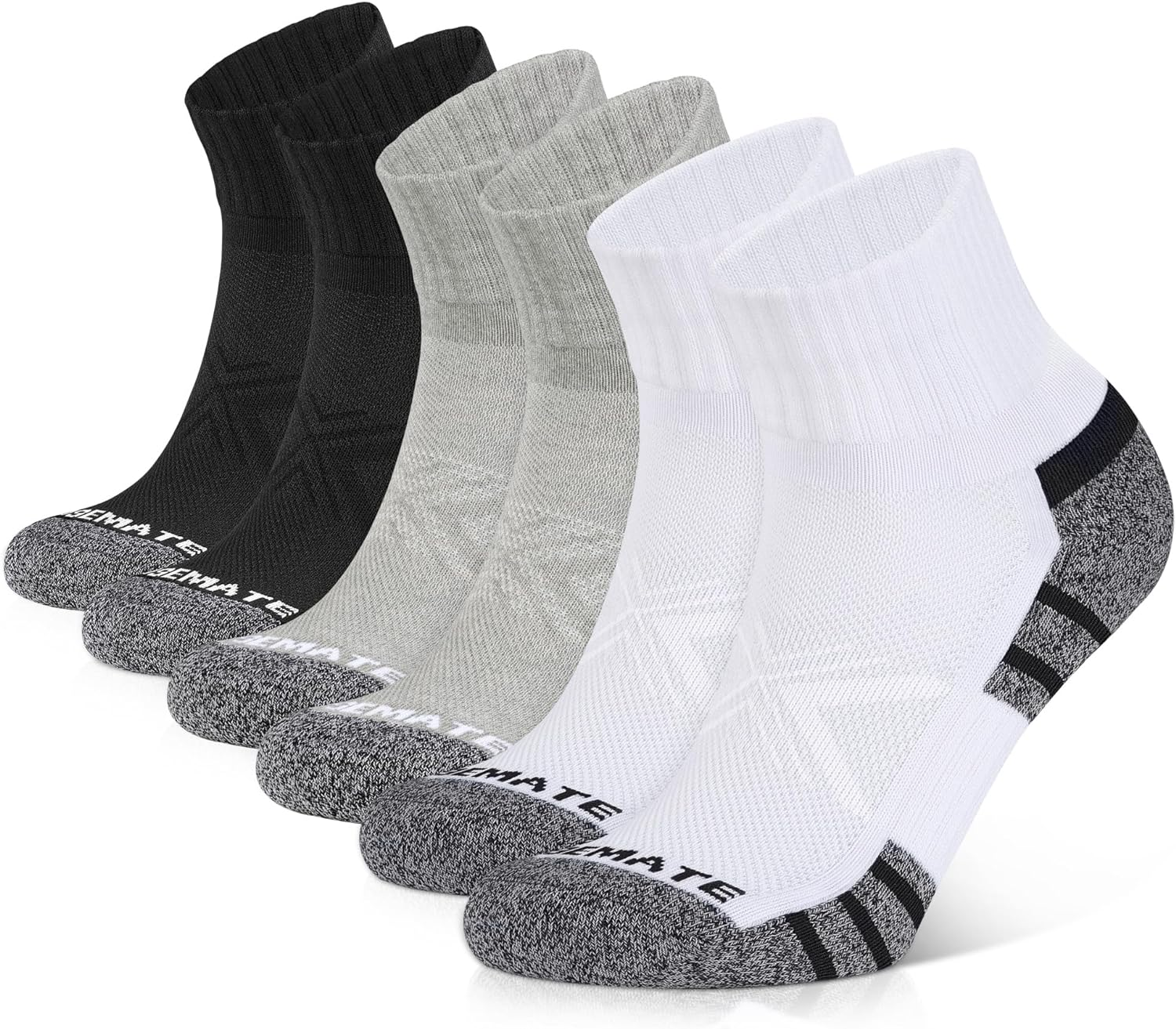 Closemate Mens Sports Trainer Quarter Socks White Black 6 Pairs Ankle Running Cotton Socks for Men and Women Non Slip anti Blister Breathable Performance Wicking Cushioned Athletic Mens Socks