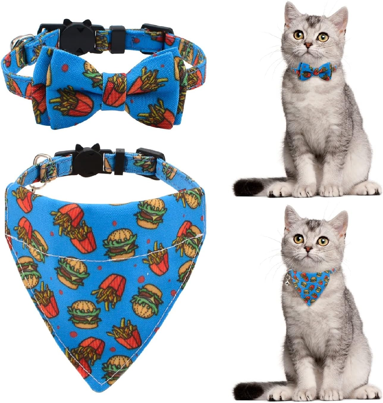 HACRAHO Bow Tie Cat Collar Bandana, Pack of 2 Adjustable Breakaway Cat Collar with Bow Tie and Bell, Removable Bow Tie Bandana for Kittens and Puppies, Hamburger Fries