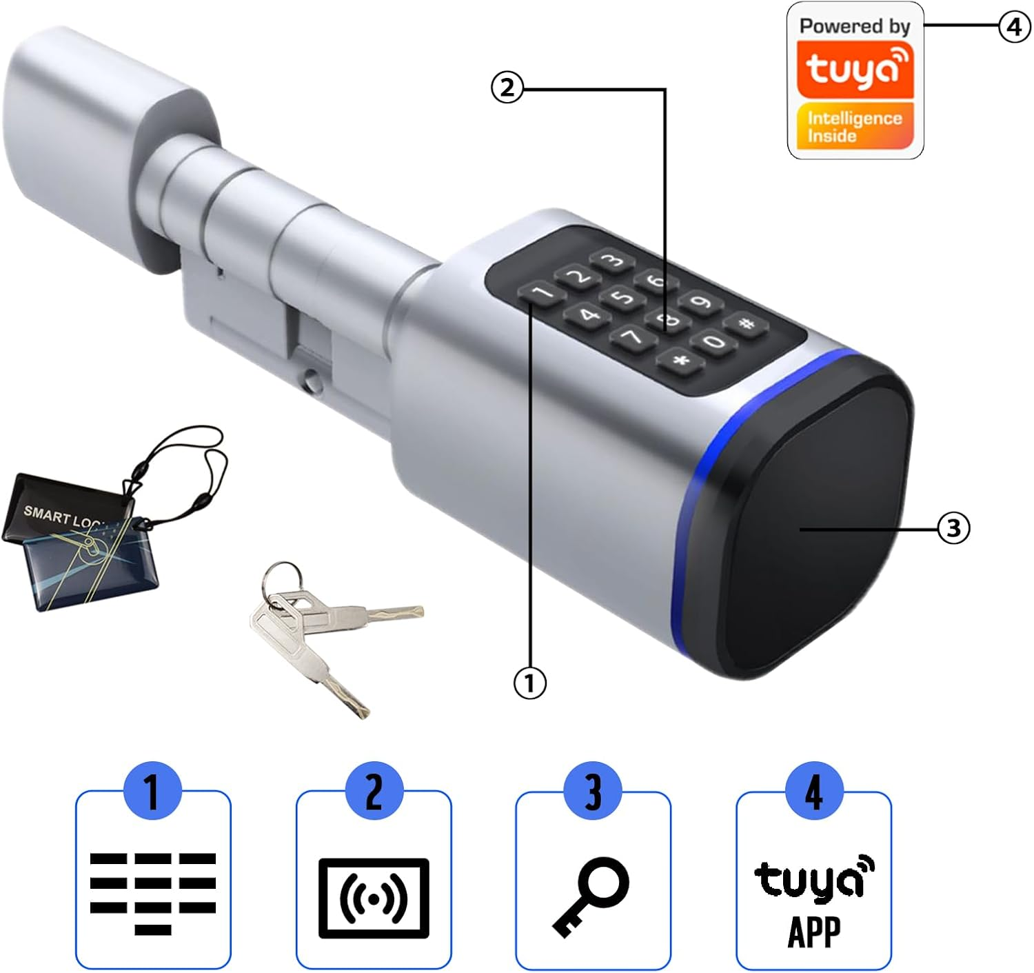 Smart Door Lock, Euro Door Smart Cylinder Lock, Electronic Locks Applicable to Wooden Iron Security Door (Silver) image number 4