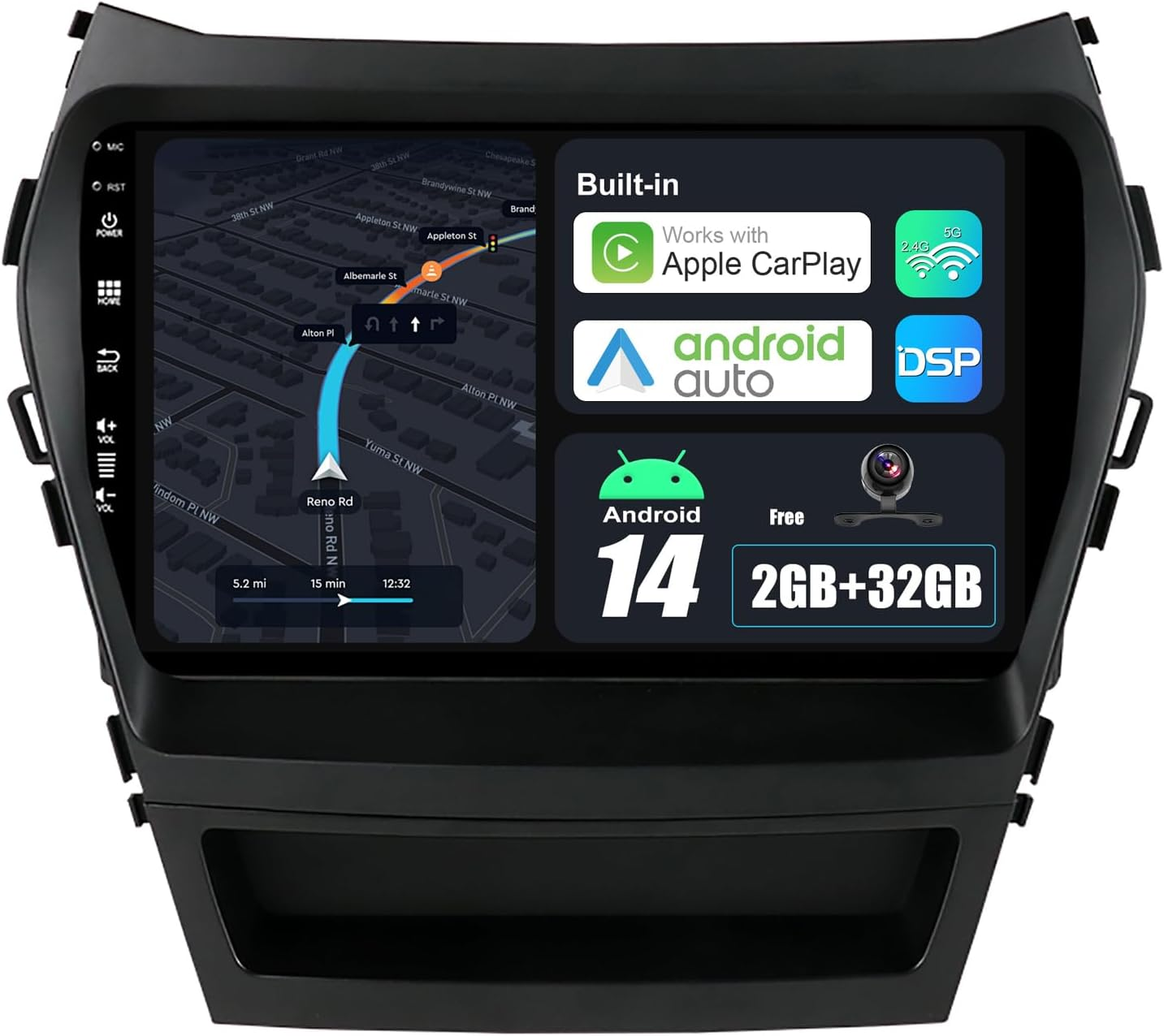 Android 14 IPS Car Stereo for Hyundai IX45 (2013-2017) - 2G+32G - Wireless Carplay/Android Auto - Rear Camera Free - 9 Inch 2 Din - DAB Steering Wheel Fast-Boot DSP Bluetooth Wifi