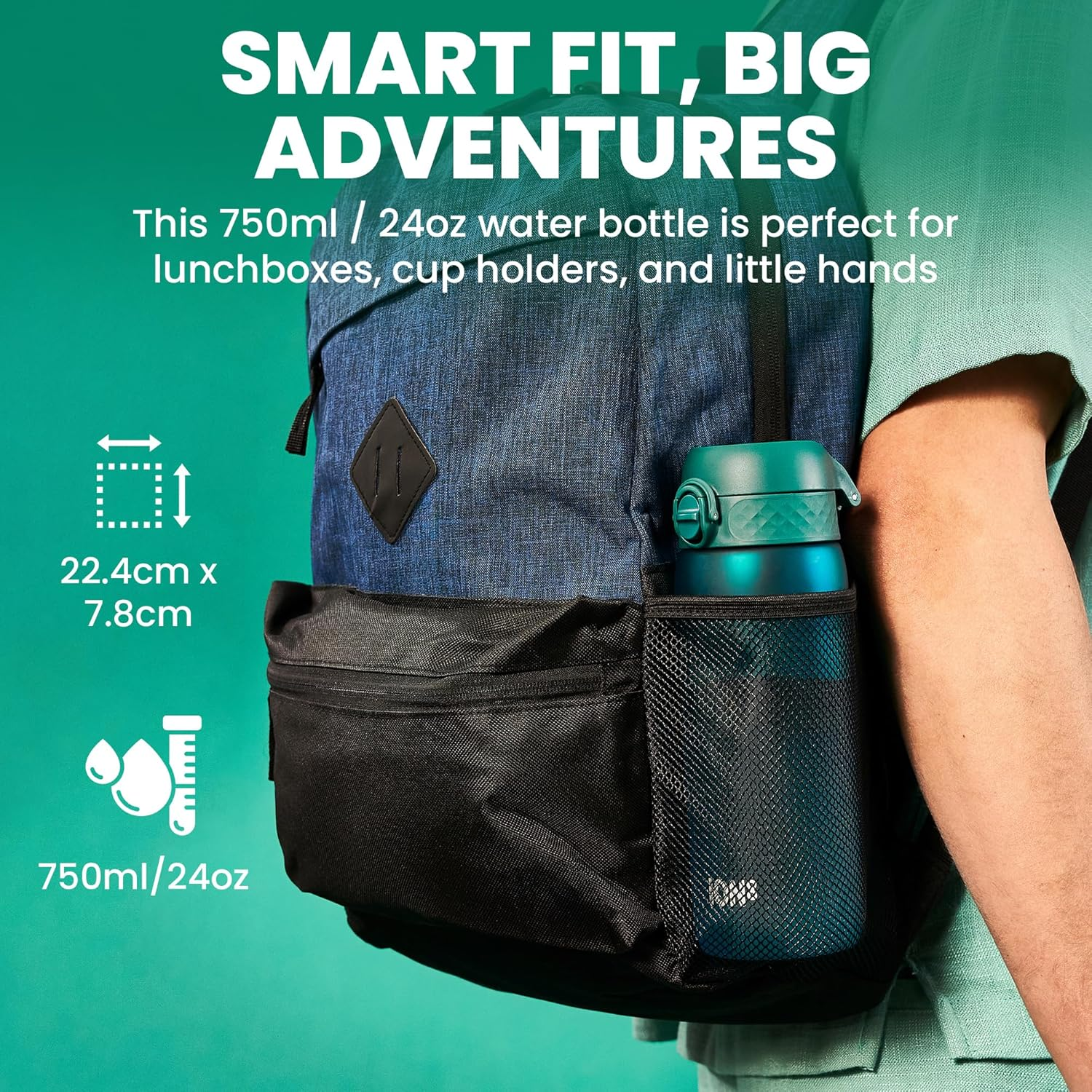 Ion8 Sports Water Bottle, 750 Ml/24 Oz, Leak Proof, Easy to Open, Secure Lock, Dishwasher Safe, BPA Free, Flip Cover, Carry Handle, Soft Touch Contoured Grip, Easy Clean, Odour Free, Aqua image number 1