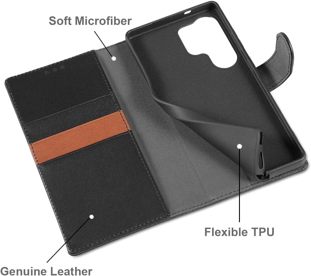 LENSUN Genuine Leather Case for Samsung Galaxy S25 Ultra, Mobile Phone Case [Genuine Leather] [Card Slot] [RFID] Leather Flip Mobile Phone Case for Samsung Galaxy S25 Ultra 5G - Black image number 2
