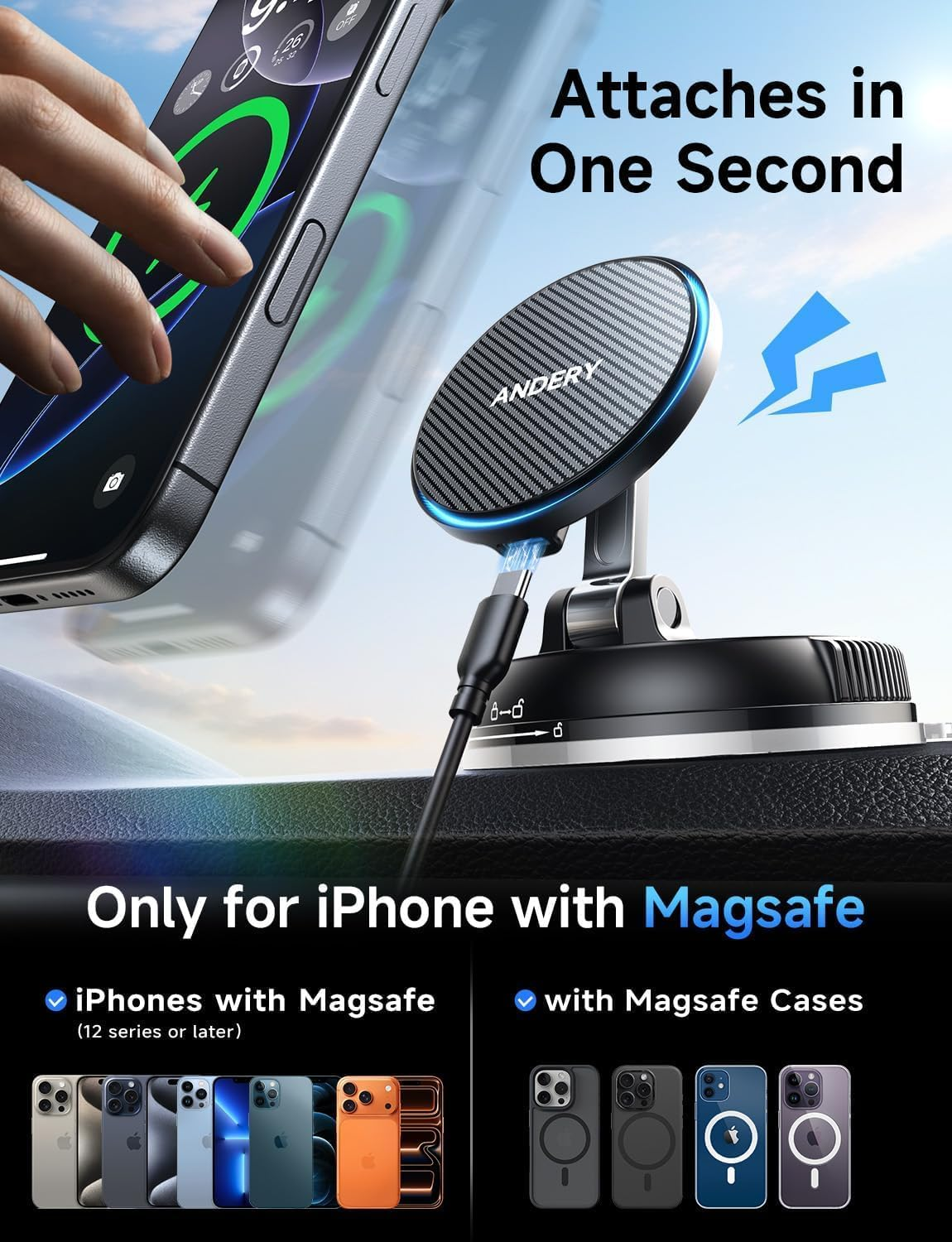 ANDERY Only for Iphone Mag-Safe Car Mount Charger [15W Fast Wireless Charging, 78+LBS Strong Suction 2400Gf Strong Magnetic] 360&deg; Adjustable Car Phone Holder, Phone Holders for Your Car for Pats/Mats image number 2