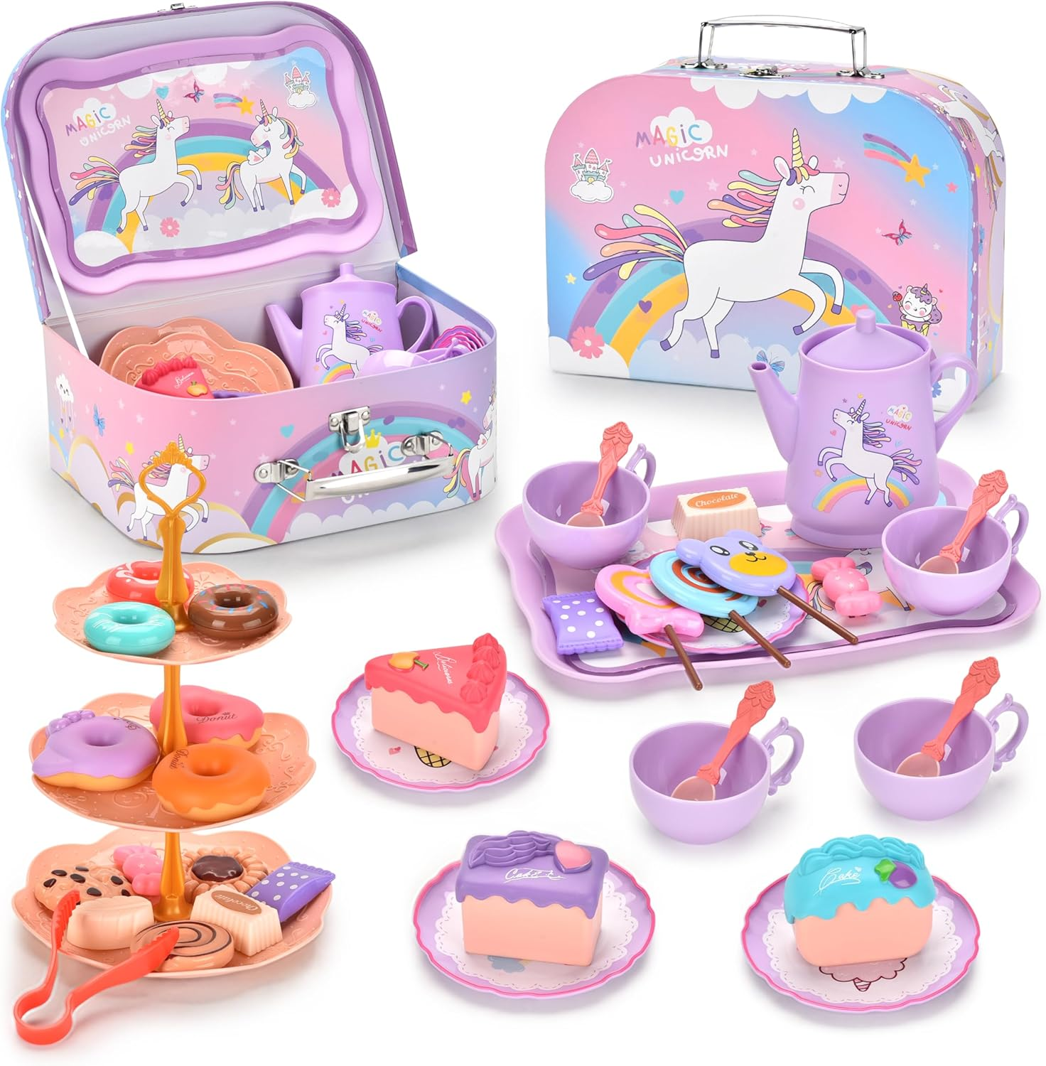 UNITSLYZ Tea Party Set for Little Girls, Mermaid Tea Party Set, Kitchen Pretend Play Toys, Preschool Kids Kitchen Toys with Dessert Cups Tray Teapot, Birthday Gift for Girls Kids Age 3 4 5 6 7