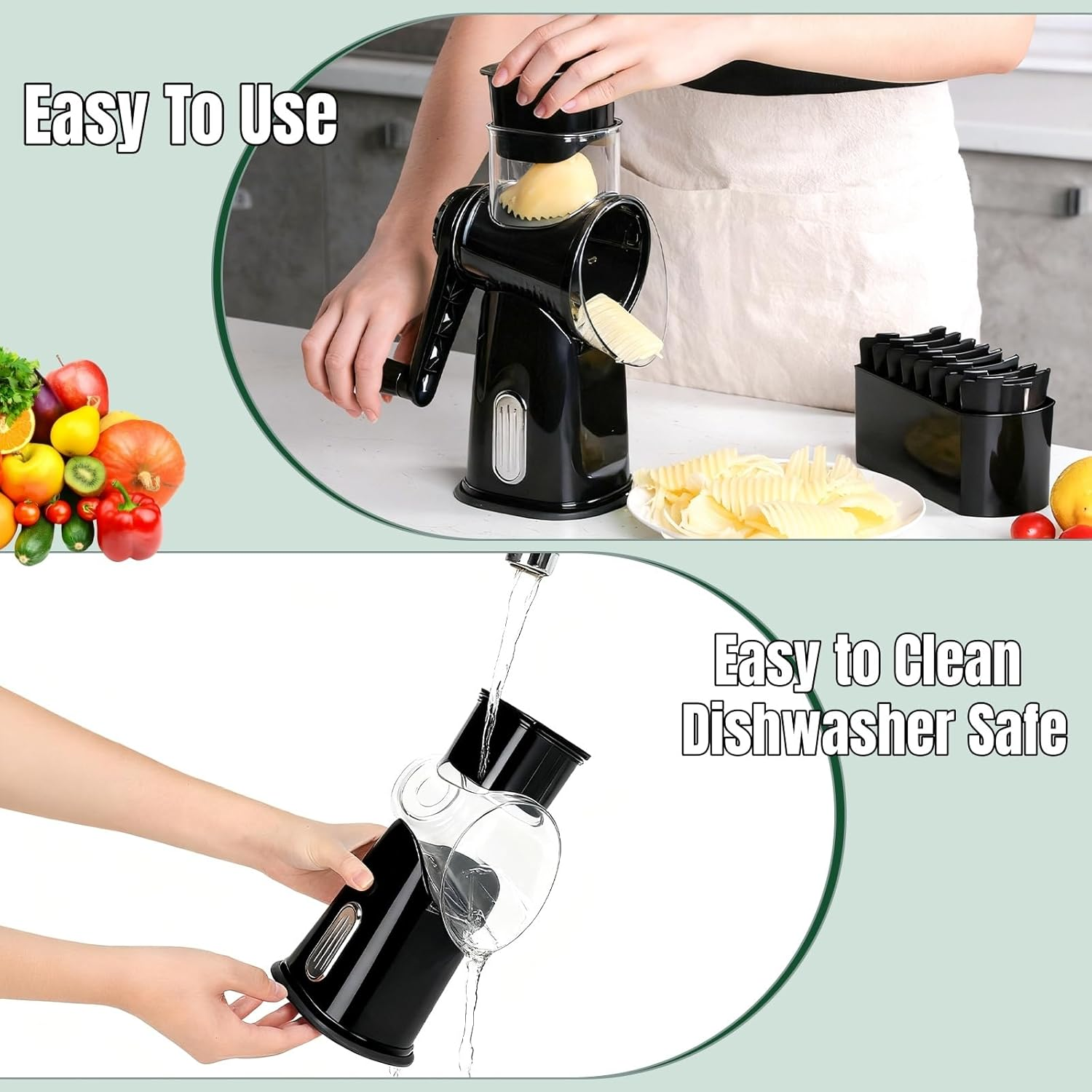 CHDEXU Rotary Cheese Grater with Handle, Manual Vegetable Slicer Grater with 5 Detachable Stainless Steel Blades, round Graters Slicer Hand Crank Food Chopper for Kitchen with Blade Storage Box - Black image number 5