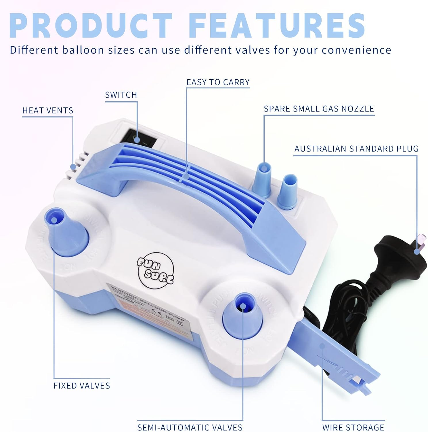 Funsure Electric Balloon Pump with 2 Nozzles - Portable, 220-240V 600W 50Hz, Au Plug - Blower for Party Decorations image number 4
