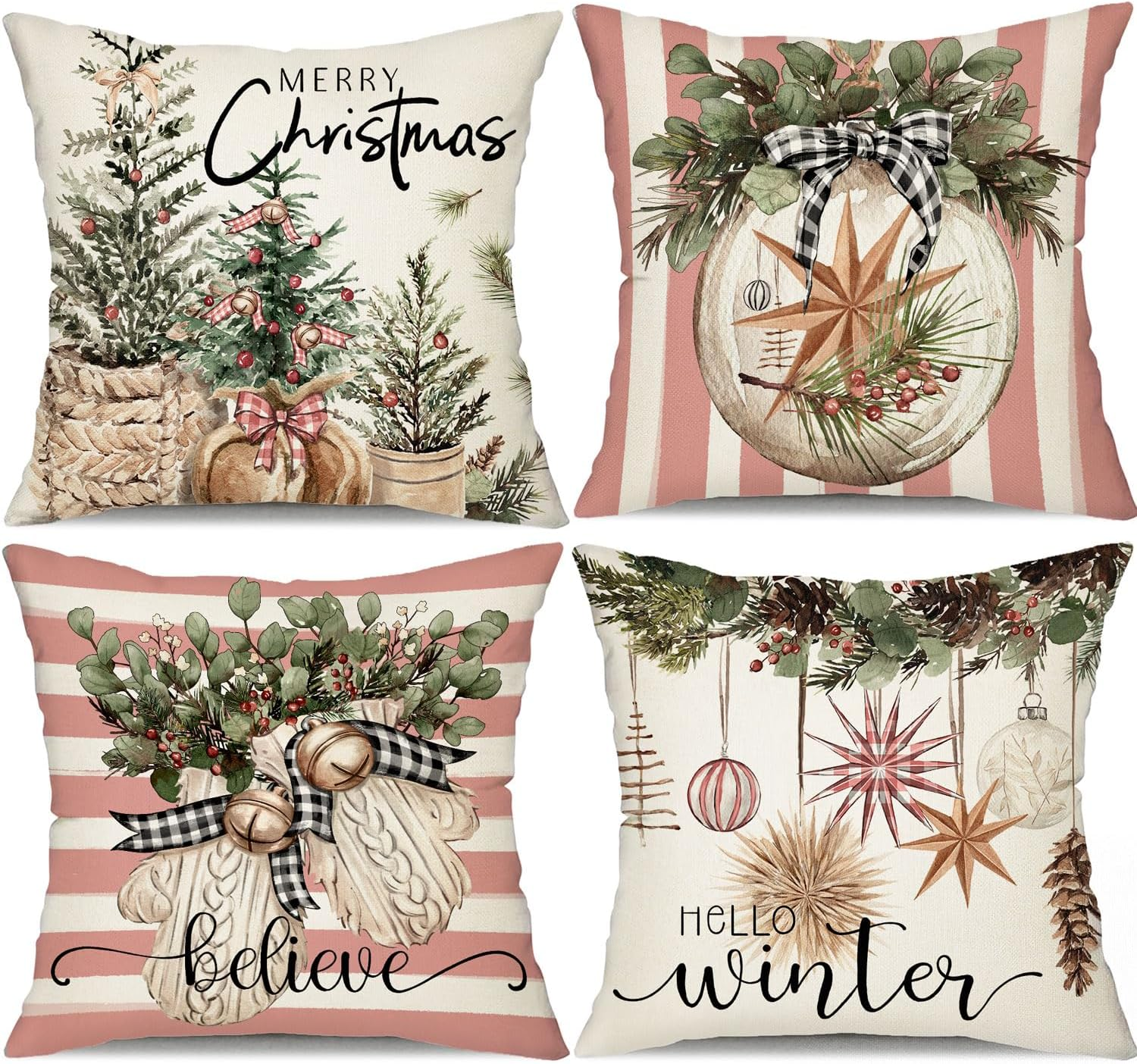 DFXSZ Christmas Pillow Covers 18X18 Inch Set of 4 Christmas Tree Gloves Hello Winter Decorative Throw Pillow Covers Winter Farmhouse Decoration for Home Couch 134