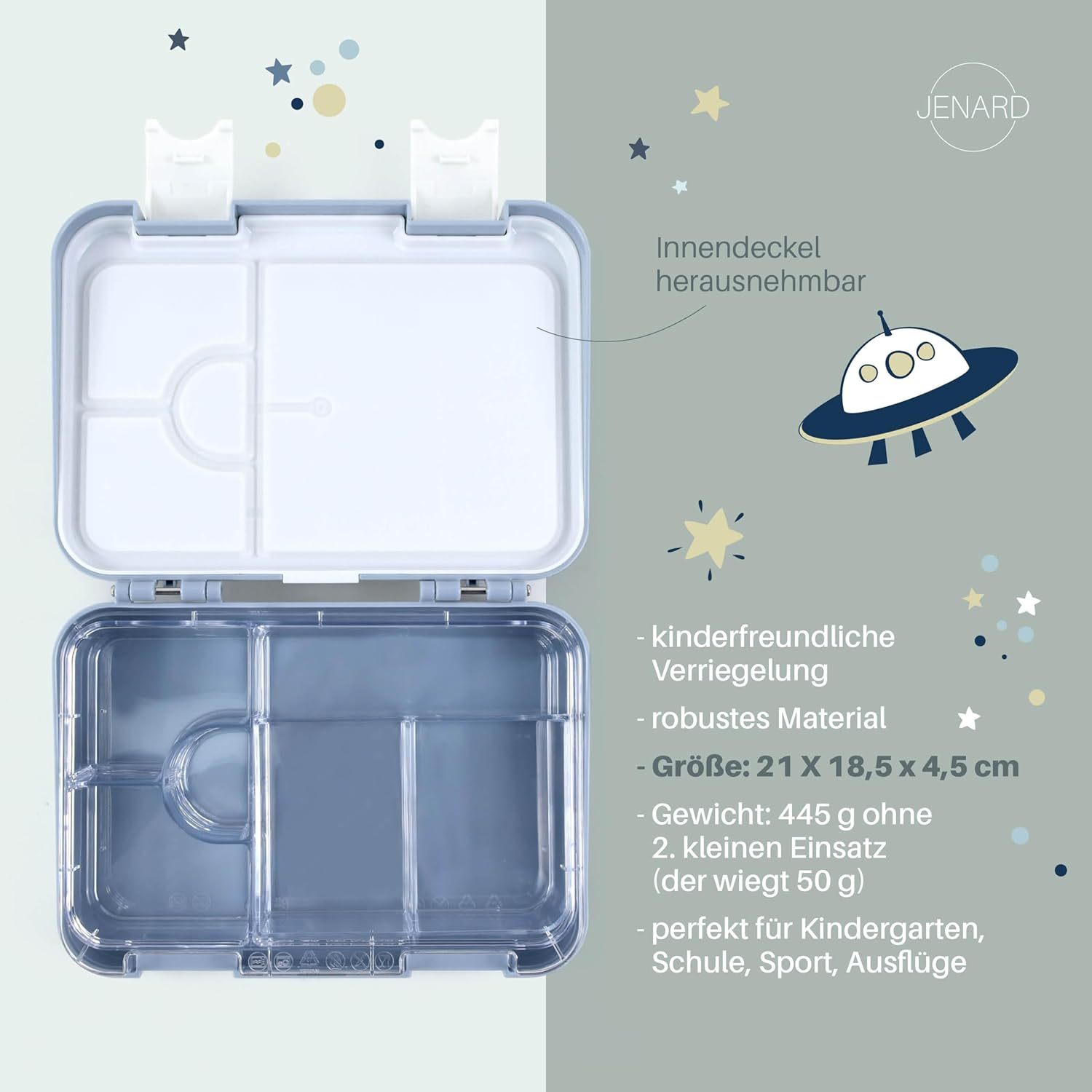 Jenard Lunch Box, Bento Box, Lunch Box, Vesper Box for Children with Compartments, Leak-Proof, Dishwasher Safe, Child-Friendly and Bpa-Free, Blue with an Educational World Map Full of Animals