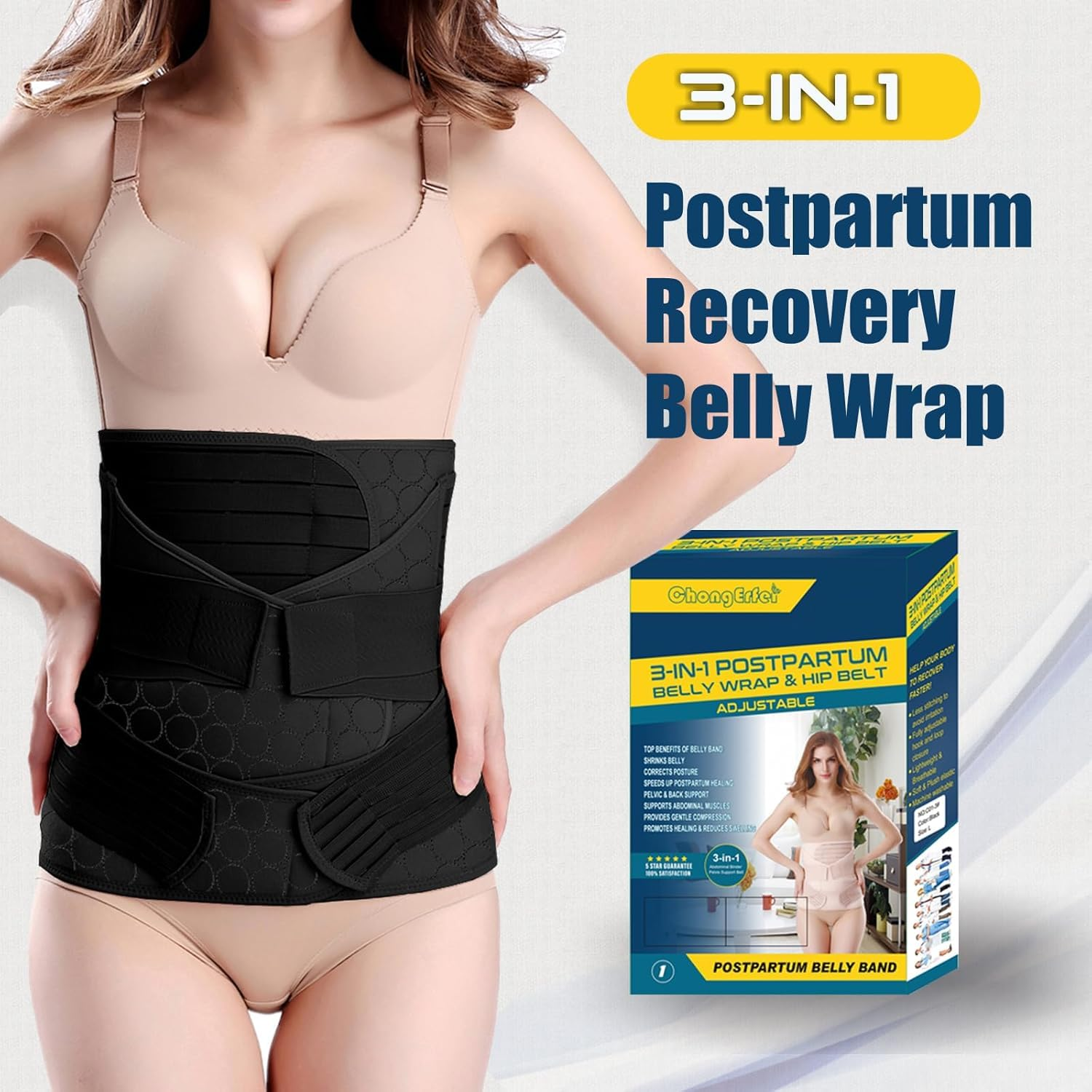 3 in 1 Postpartum Belly Wrap - Recovery Belly/Waist/Pelvis Belt Black Postpartum Belly Band (One Size Black) image number 4