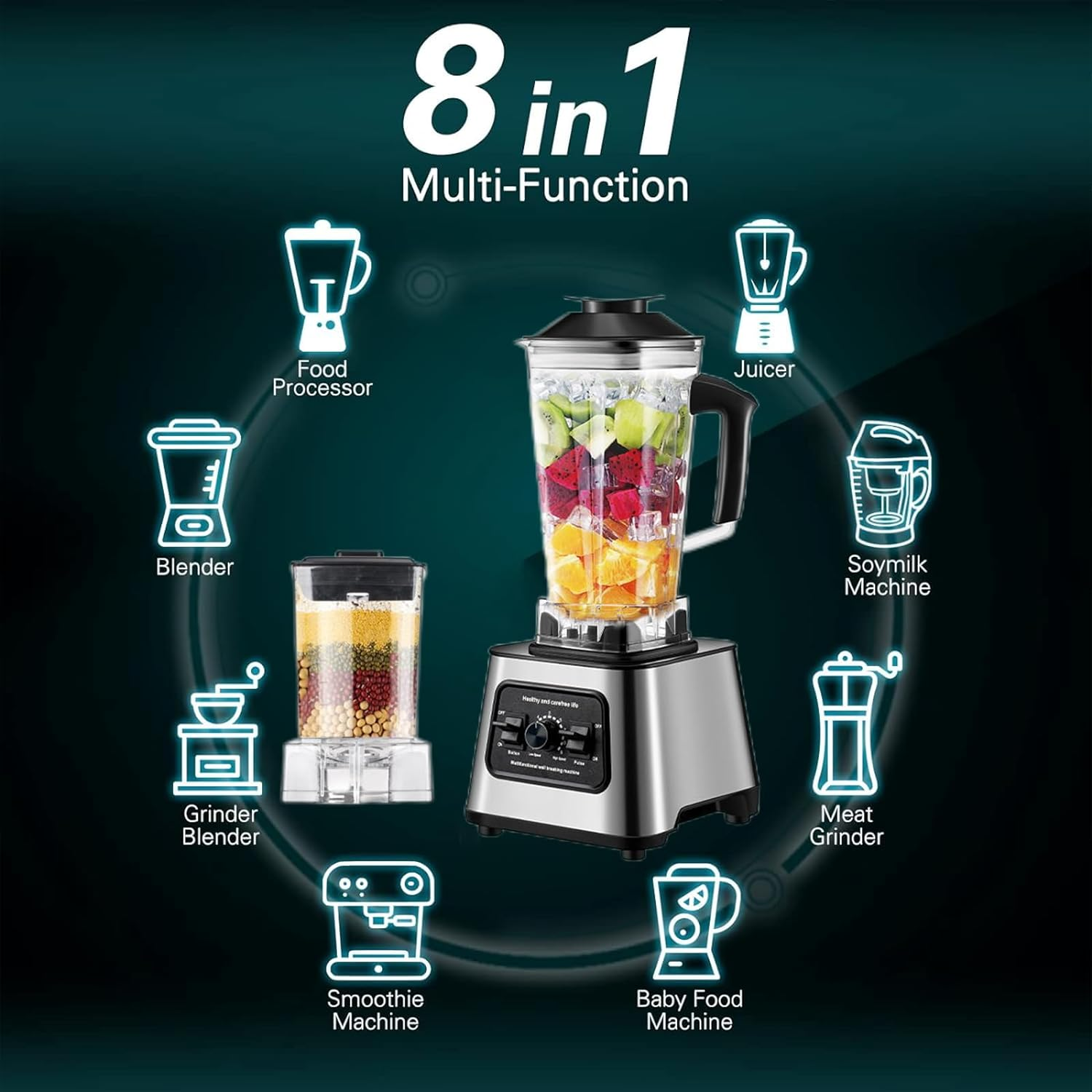 2-In-1 Multi Blender, 6000W Professional High Speed Blenders Smoothie Maker with 2.5L Bpa-Free Container, 9 Speed Control, 8 Titanium Stainless Steel Blade for for Ice/Nut, Kitchen (220V, AU PLUG) image number 6