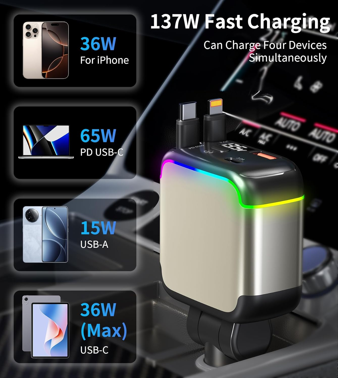 XXZU 137W Retractable Car Charger with 90Cm Built-In Cables, Fast Charging Car Phone Charger with Voltage Display, USB-C/USB-A with PD, Car Adapter Compatible with Iphone, Galaxy, Macbook, Ipad image number 3