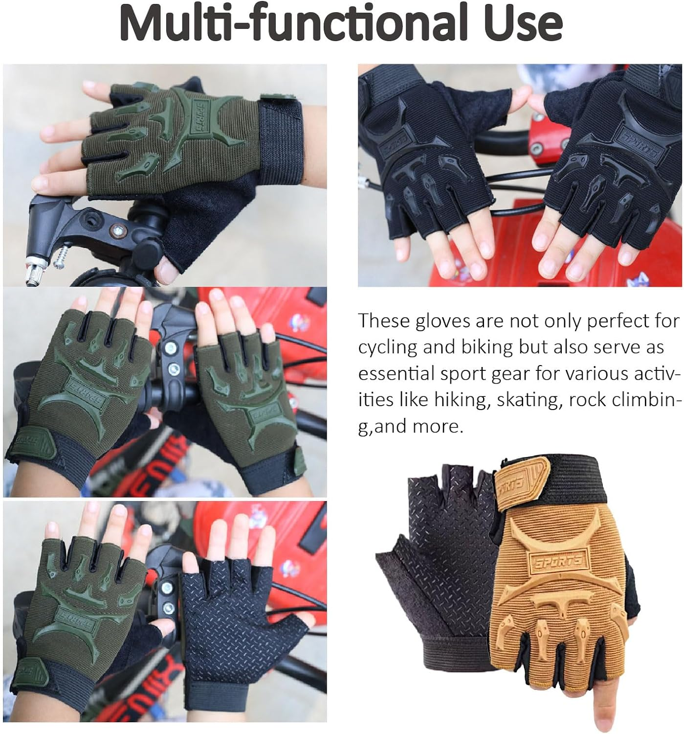 Kids Boys Girls Sport Bike Half Finger Cycling Gloves Mittens Breathable Non Slip Fingerless Riding Shockproof Sports Training Gloves UV Protection Outdoor Skateboard Gloves for 5-9Y image number 5