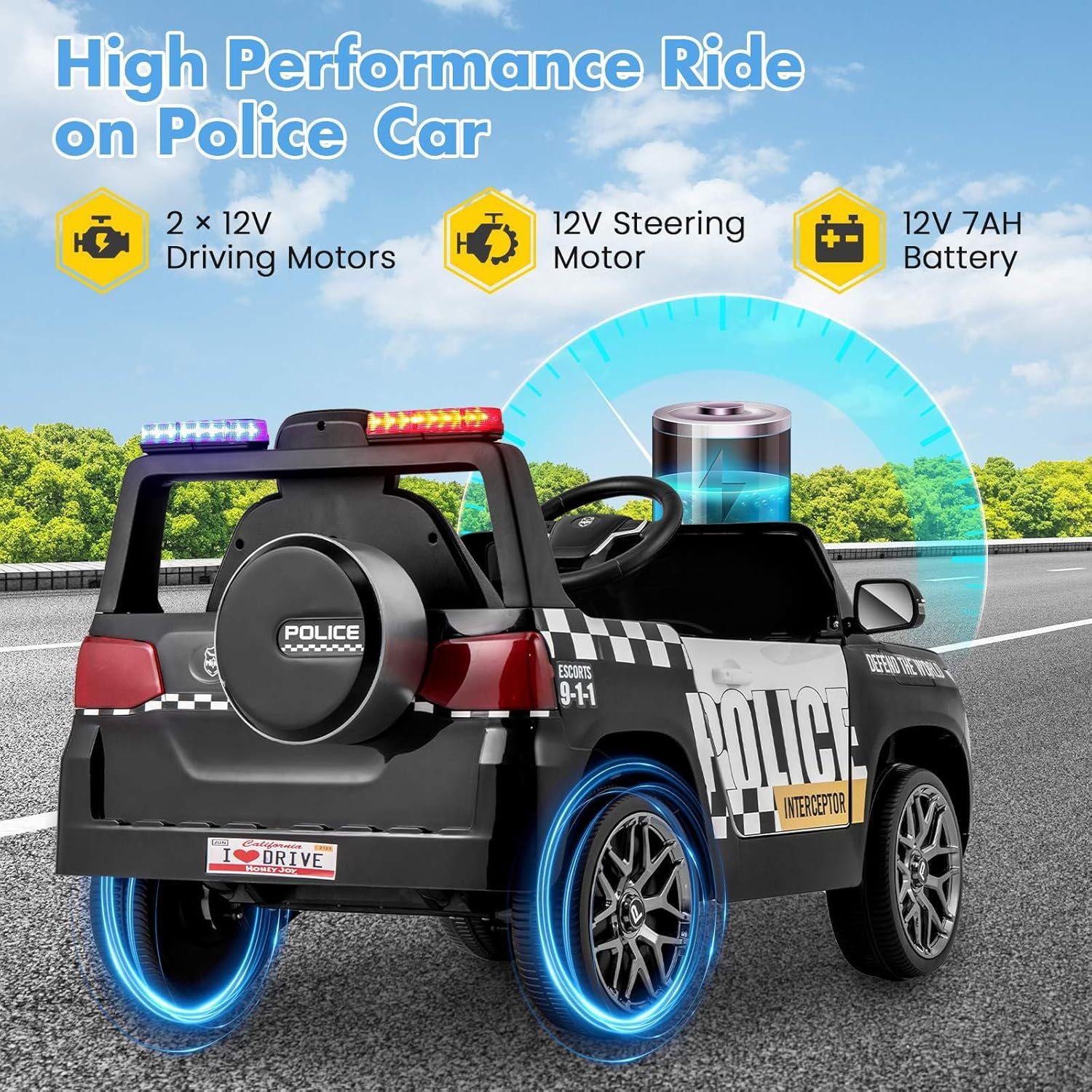 HONEY JOY Kids Ride on Police Car, 12V Electric Battery Powered Cop Car W/Remote Control, Wireless Connection, Music, Horn, Siren & LED Flashing Lights, Vehicle Ride on Toy, Black image number 5