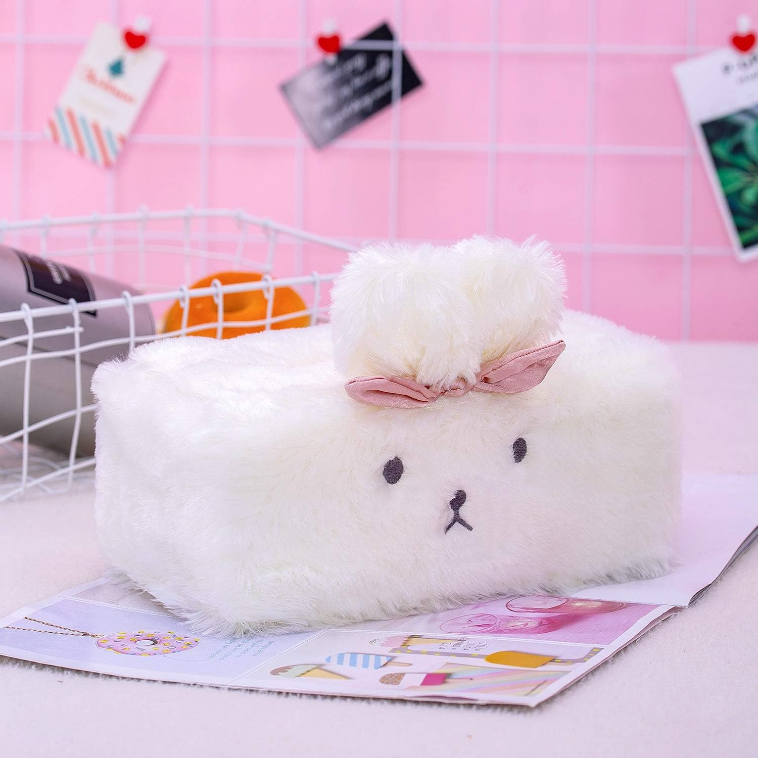 SQUISHY DOT Cute Tissue Box Cover, Tissue Box Cover, Tissue Holder Decorative, Fluffy Plush Cover, Office Desk, Bedroom/ Living Room and Car Accessories, Bunny Rabbit Tissue Box Cover, Kawaii Plush