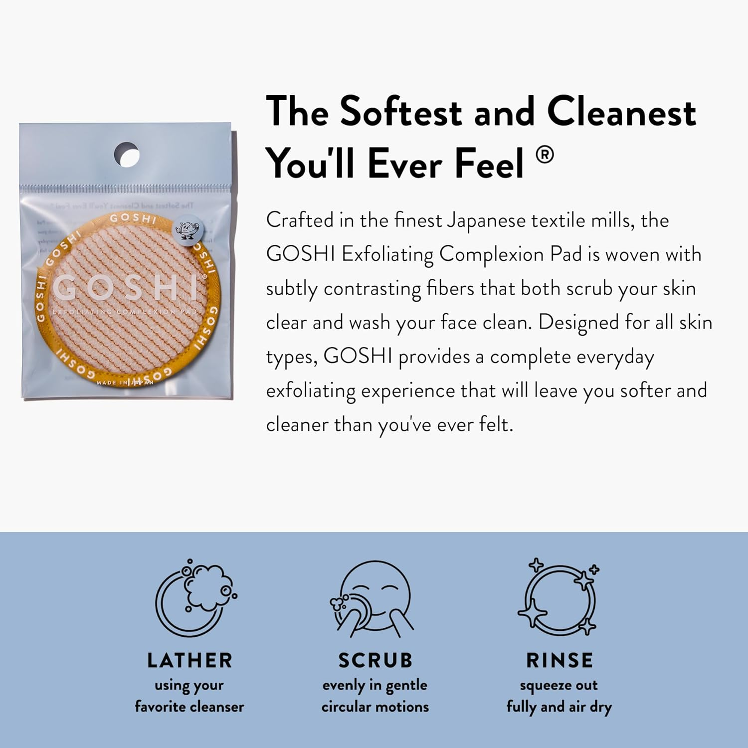 GOSHI Complexion Exfoliating Pads - Reusable, Quick Dry & Soft, for All Skin Types - Yellow - Made in Japan image number 3