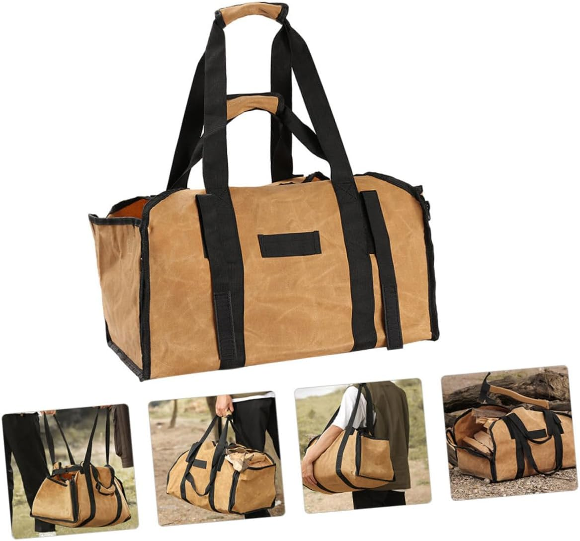 Firewood Holder Wood Carrier Tote Bag with Double Handles Large Capacity Canvas Log Holder for Camping Fire Pit Outdoor Use Khaki image number 4