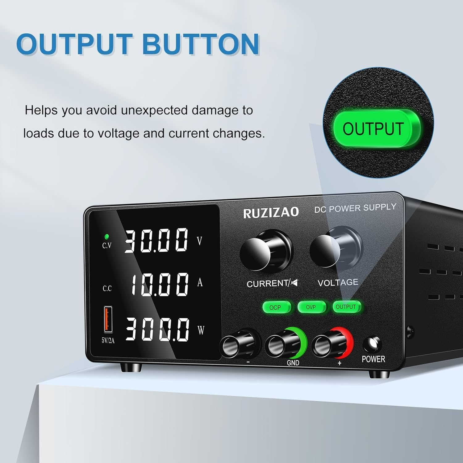 DC Power Supply 0-30V 0-10A 300W Encoder Knob Adjustable Switching Regulated DC Power Supply with 5V2A USB Fast Charging, OCP&OVP Multi-Layer Protection, Output Button Protects the Load image number 5