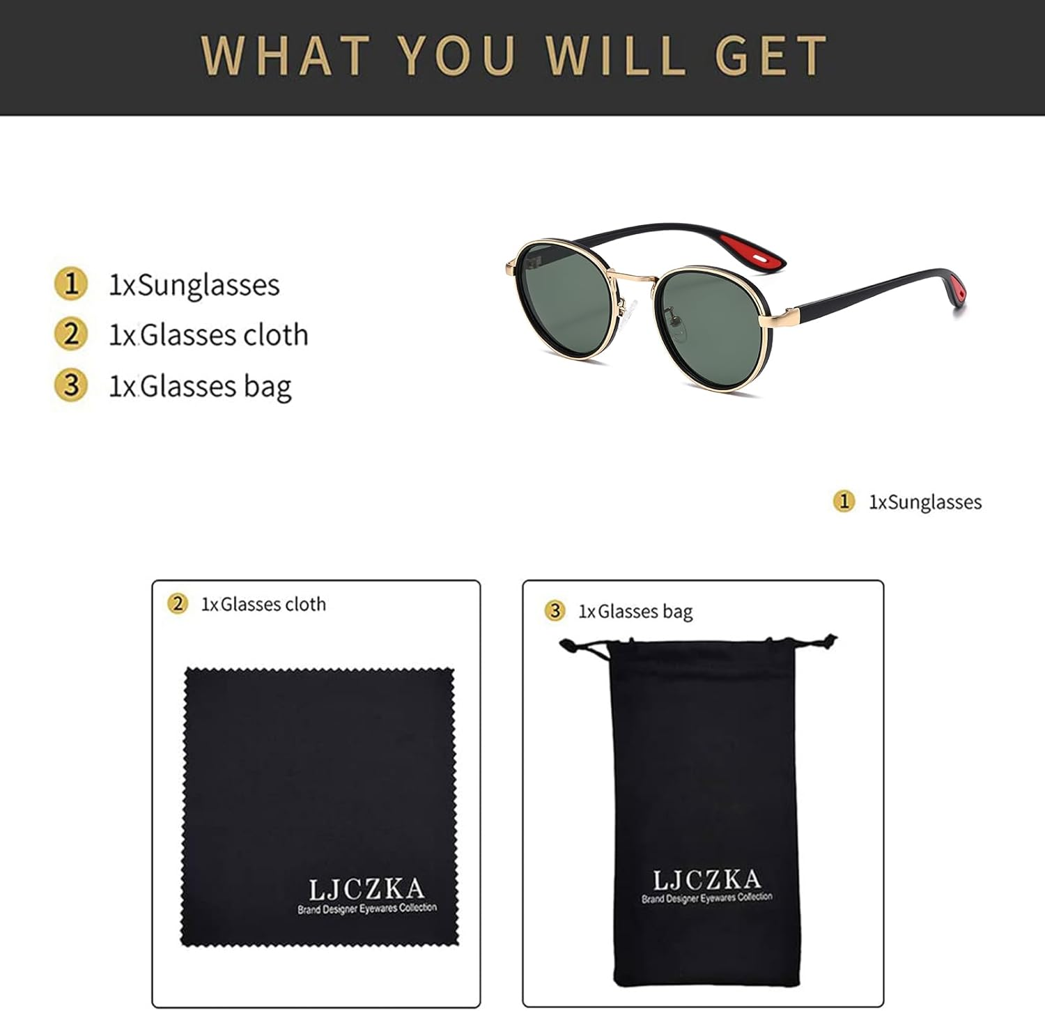 LJCZKA Retro round Polarized Sunglasses for Men Women Vintage Circle Polarised Sunglasses Trendy Metal Frame UV400 Protection - Black Grey image number 3