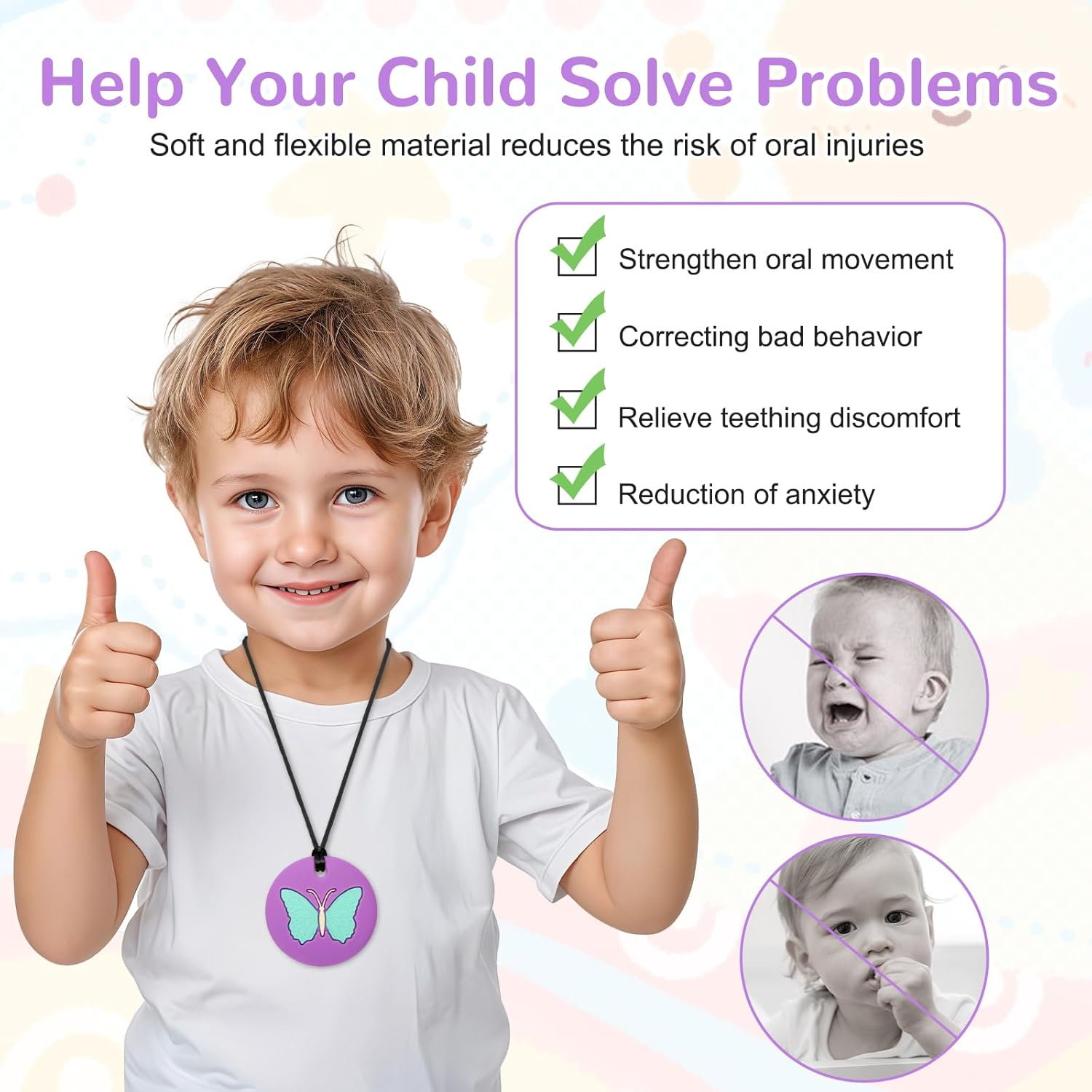 MR.TIMELAG Chew Necklaces for Adults and Babies - Butterfly 5-Piece Set, Bpa-Free Silicone Sensory Chew Necklaces for Anxiety Relief, Easy to Hold, with Massage Blocks to Relieve Teething Pain image number 1