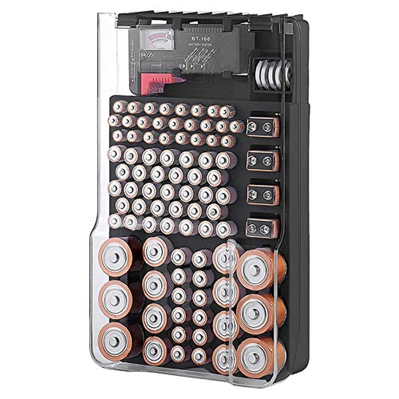 The Battery Storage Case,Organizer with Hinged Clear Cover, with Battery Tester, Holds 93 Batteries Various Sizes, Black image number 4