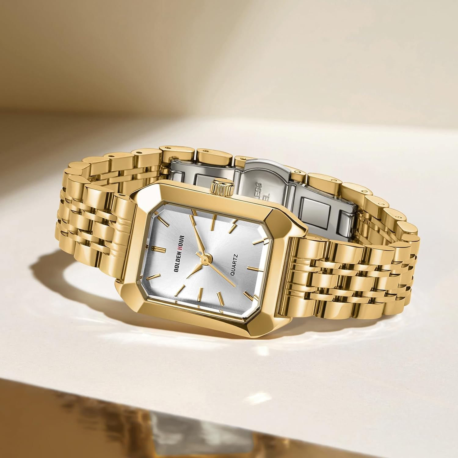 GOLDEN HOUR Women'S Rectangular Quartz Analogue Watch, Ladies Watches with Stainless Steel Band Fashion Casual Dress Waterproof Vintage Wrist Watches for Women - Gold White image number 1