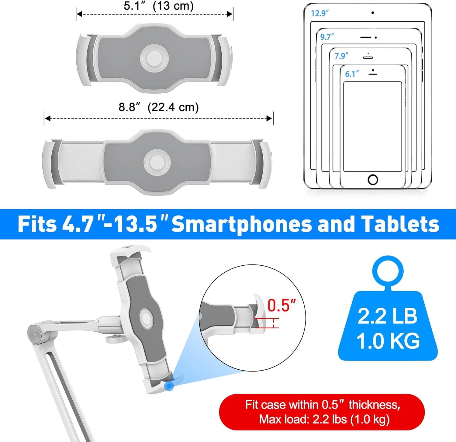 Abovetek Sturdy Ipad Holder, Aluminum Long Arm Ipad Tablet Mount, 360&deg; Swivel Tablet Stand & Phone Holder with Bracket Cradle Clamps 4-11" Devices for Kitchen Bedside Office Desk Showcase Display image number 5