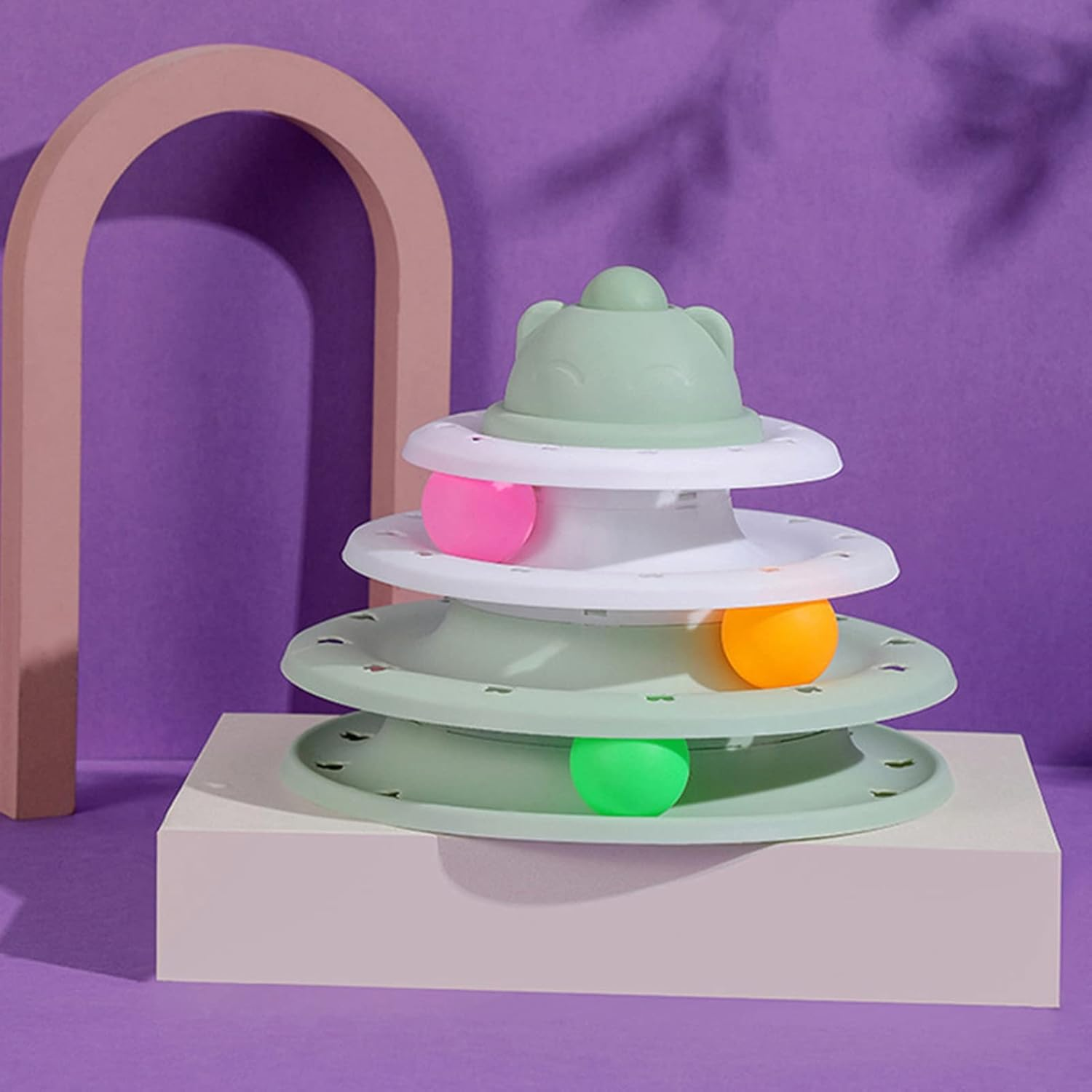 Cat Track Turntable Toy, Kitten Puzzle Tower Toy with 3 Balls, 3 Level Plastic Turntable Prevent Slip Interactive Rolling Ball Kitten Chase Track for Exercise and Stimulation image number 3