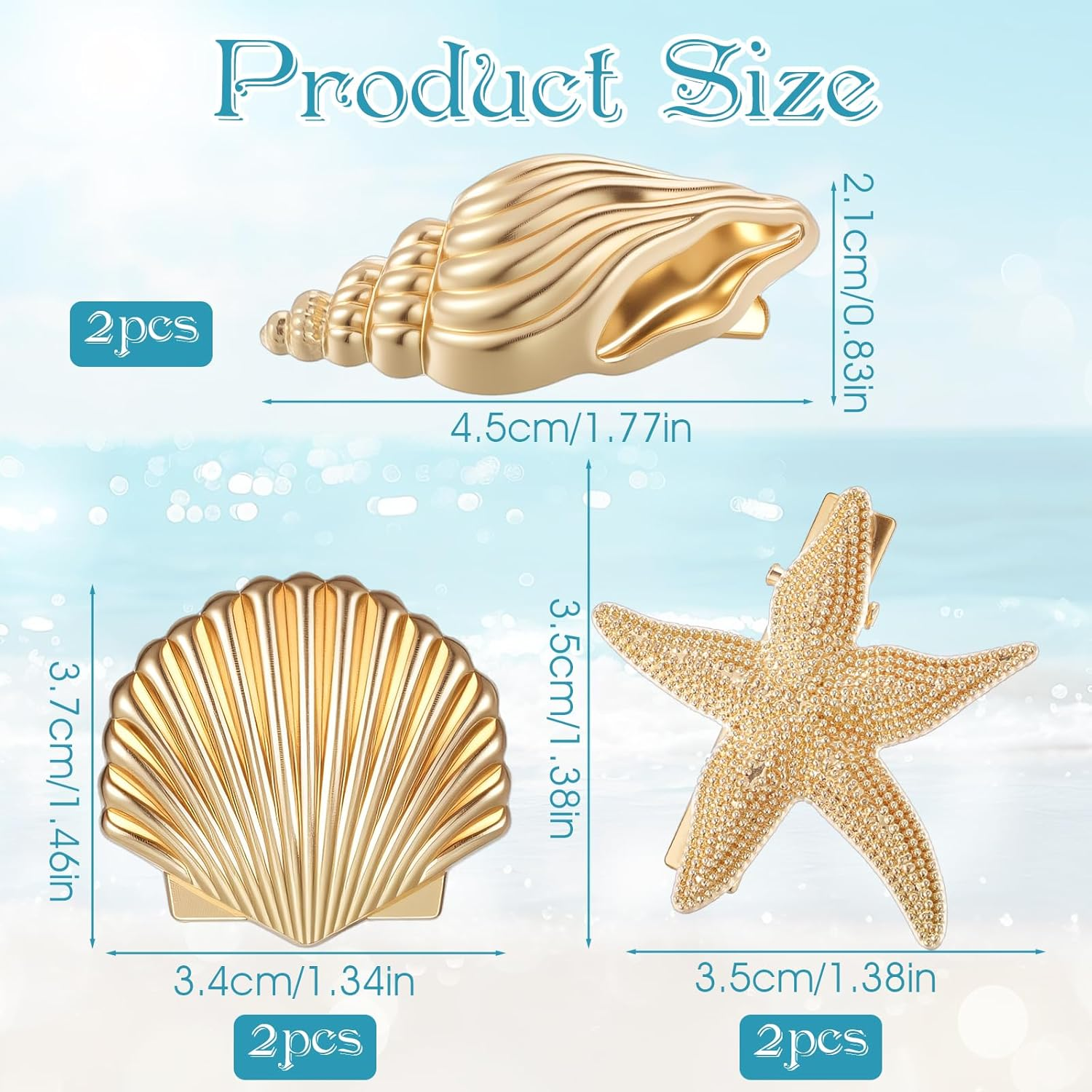 XLIUAX Pack of 6 Golden Sleeve Starfish Shell Hair Clips, Small Metal Hair Clips, Alligator Clips for Women and Girls, Party, Daily Life, Leisure, Beach Party image number 1