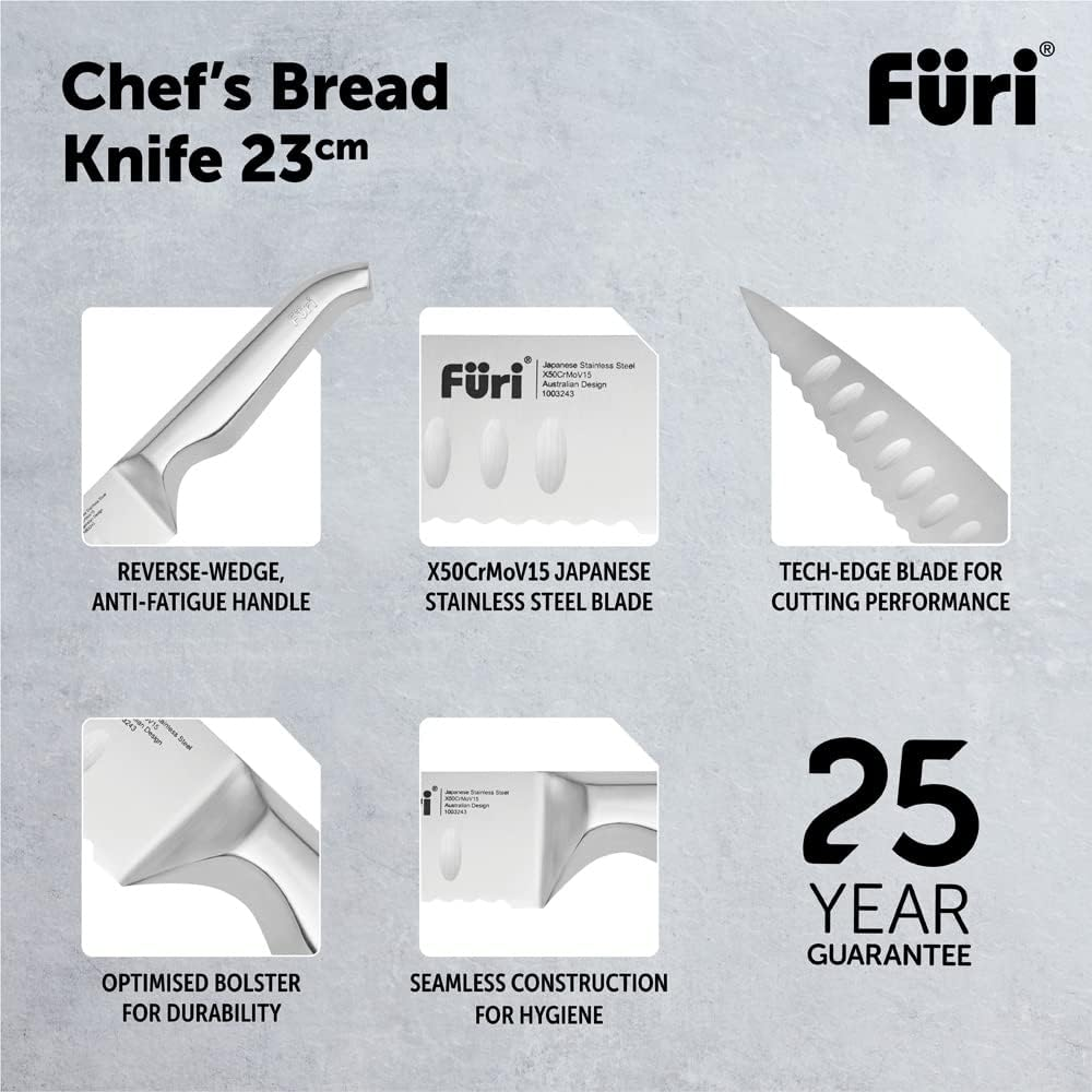 Furi Pro Chef'S Bread Knife 23Cm, 9 1/16", Long Stainless Steel Blade with Rounded Serrations for Effortlessly Slicing Large Loaves without Tearing, Reverse-Wedge Handle, 25-Year Guarantee, Silver image number 4