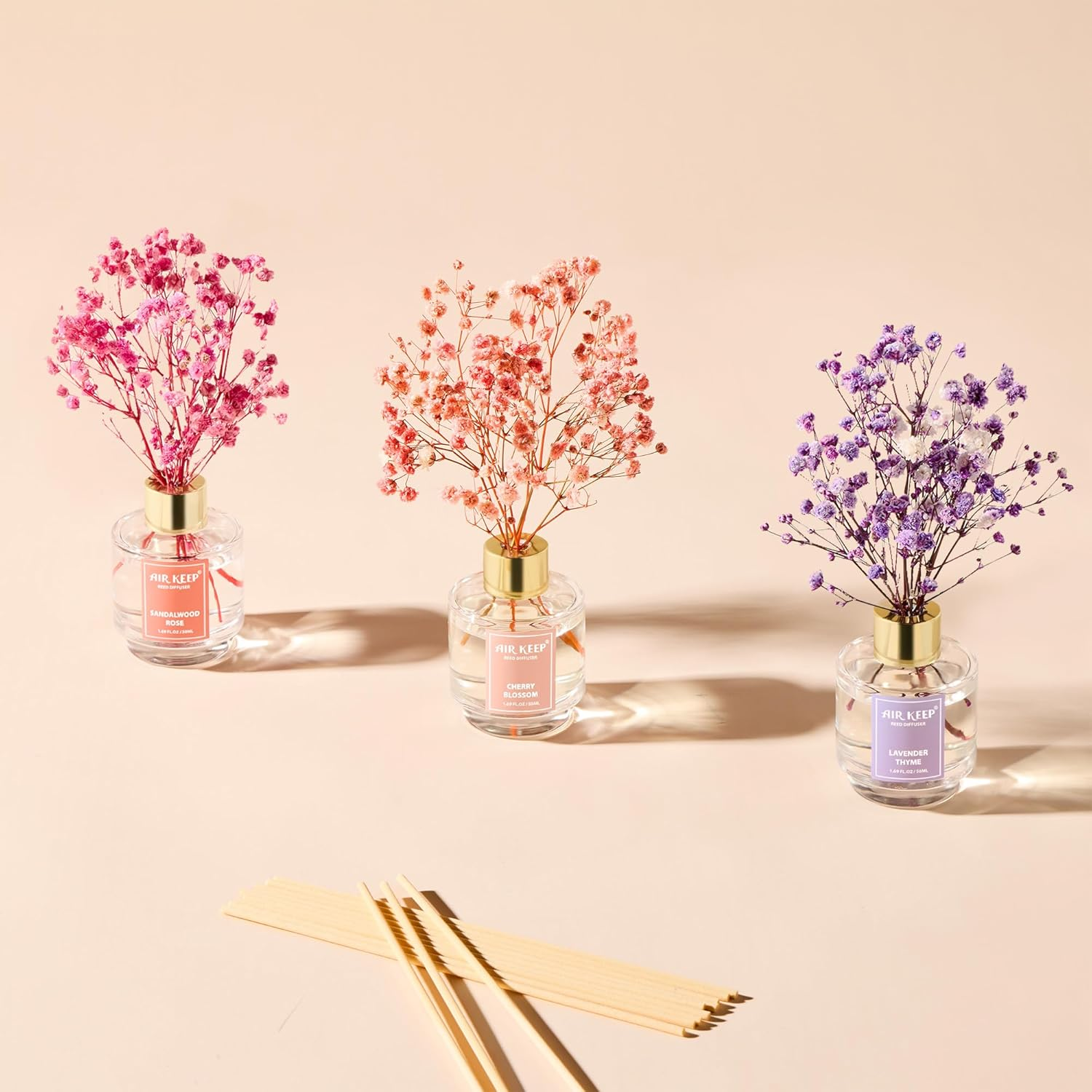 Airkeep Reed Diffuser Set of 3, Lavender Thyme Sandalwood Rose Cherry Blossom Oil Reed Diffusers for Bedroom Living Room Office Aromatherapy Oil Reed Diffuser for Gift 50Ml X 3 image number 4